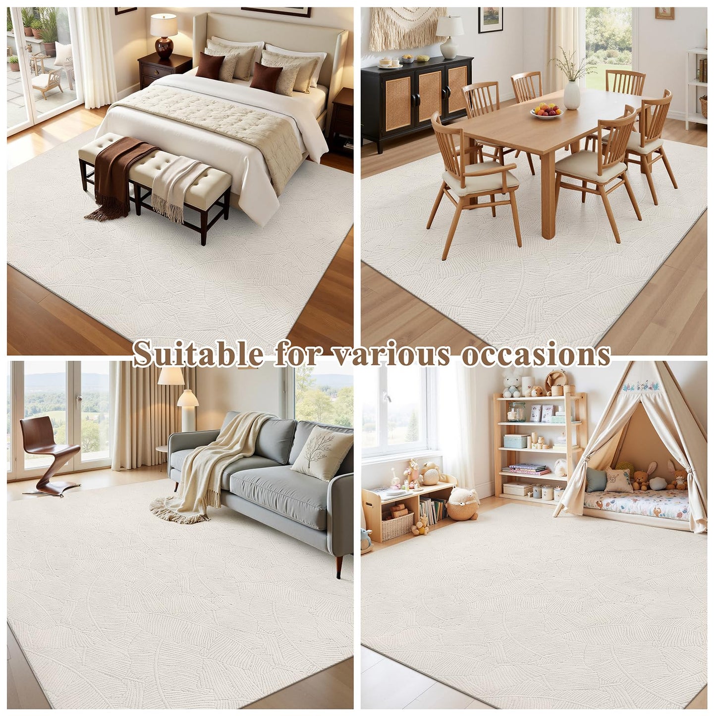 Ileading Washable Area Rug for Living Room 8x10 ft, Beige Soft Fluffy Tropical Leaf Carpet with Non Slip Backing, Low Pile Rugs for Bedroom Dining Room Indoor Home Office