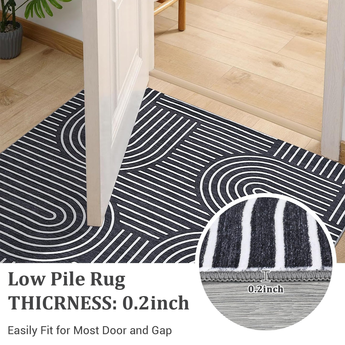 ROYHOME Washable Rug 8x10 Area Rugs for Living Room, Abstract Rug for Bedroom, Soft Rainbow Non Slip Throw Rugs with Rubber Back, Low Pile Stain Resistant Boho Geometric Carpet for Dining Room, Black