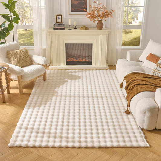 Lotus Karen Washable Area Rug, 3D Bubble Rug for Living Room, Bedroom, Faux Fur Carpet for Home Decor,5' W × 7' L, Cream White