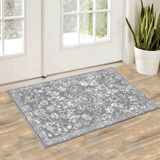 Pauwer Vintage Flower 2x3 Rug Distressed Entryway Non-Slip Low-Pile Doormat Indoor Small Retro Entrance Washable Grey Carpet for Bedroom Kitchen