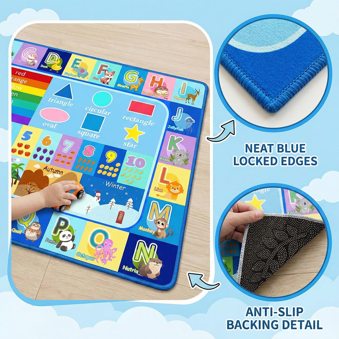 OGPJKEQR ABC Rugs for Kids Playroom Classroom, 4.5x6 Ft Educational Alphabet Rug with Numbers Animals Seasons Fruits, Non-Slip Washable Soft ABC Mat for Nursery Bedroom Boys Girls, Blue