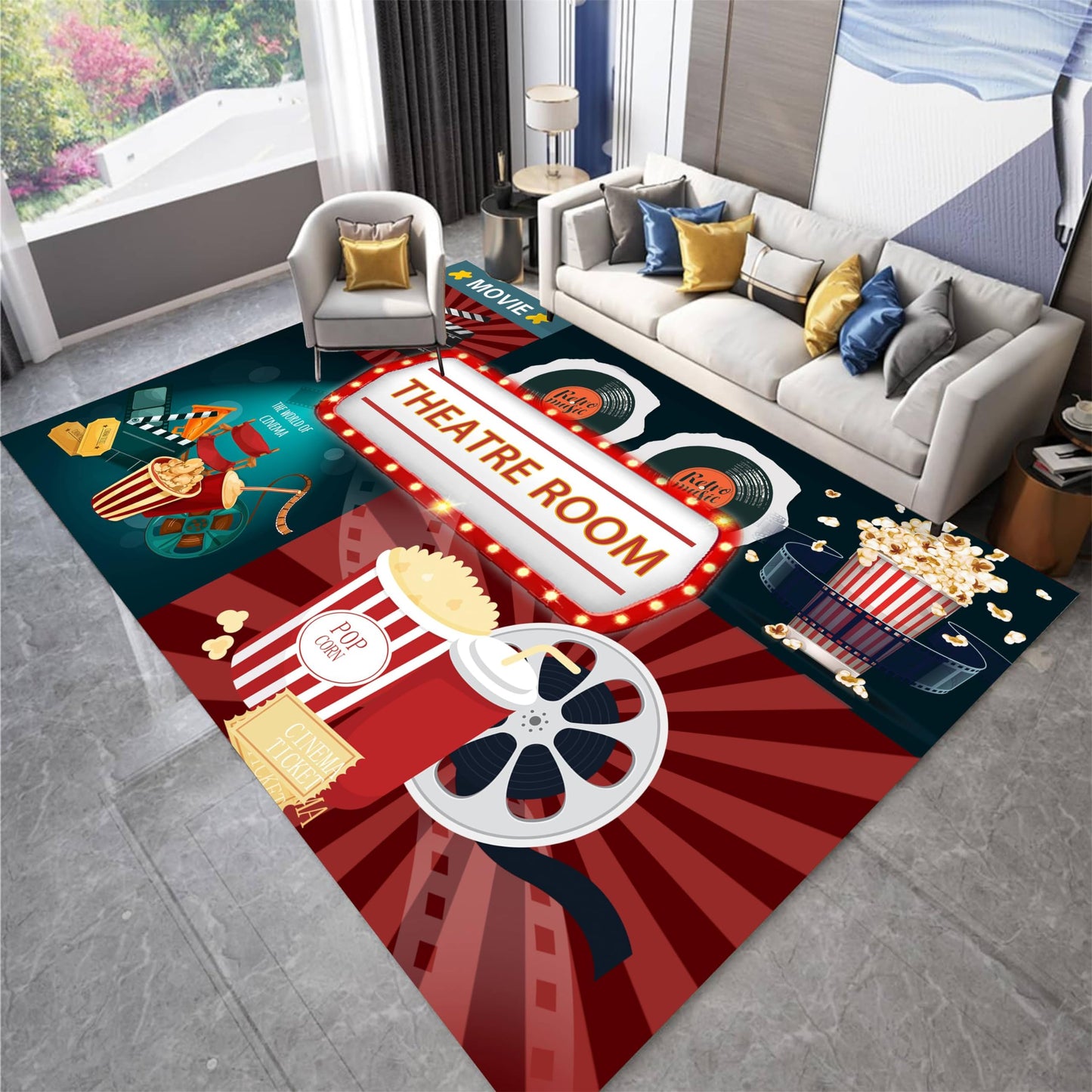 Houient Movie Theatre Rug, 5x6ft, Retro Cinema Themed Style Popcorn Filmstrip and Drink Design Doormat, Modern Home Theater Room Deco Carpet with Anti-Skid Backing for Indoor Bathroom Dorm Playroom