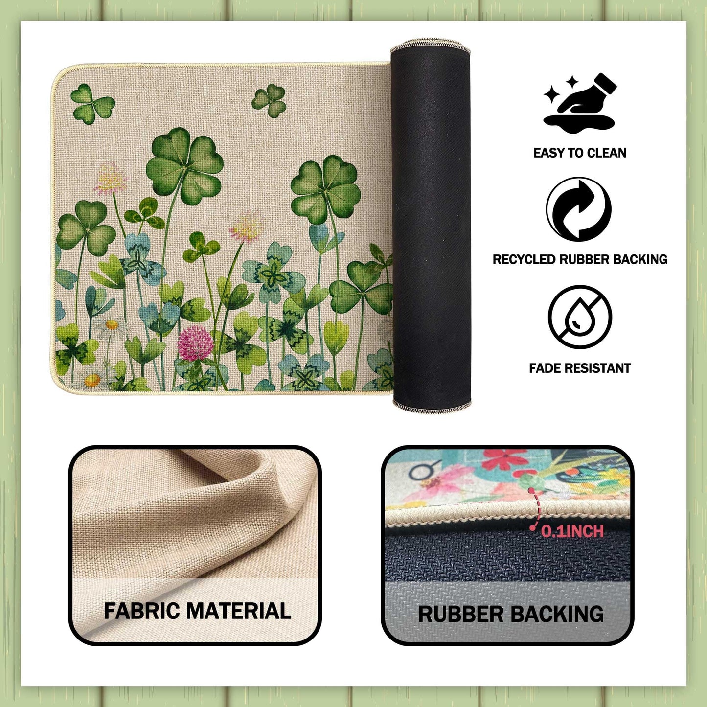 Printspree Lucky Clover Kitchen Rugs Set of 2, Shamrock and Floral Design for Kitchens, Doorways, and St. Patrick's Day Decor, Non-Slip Rubber Backing Floor Mats, 17x29 and 17x47 Inch
