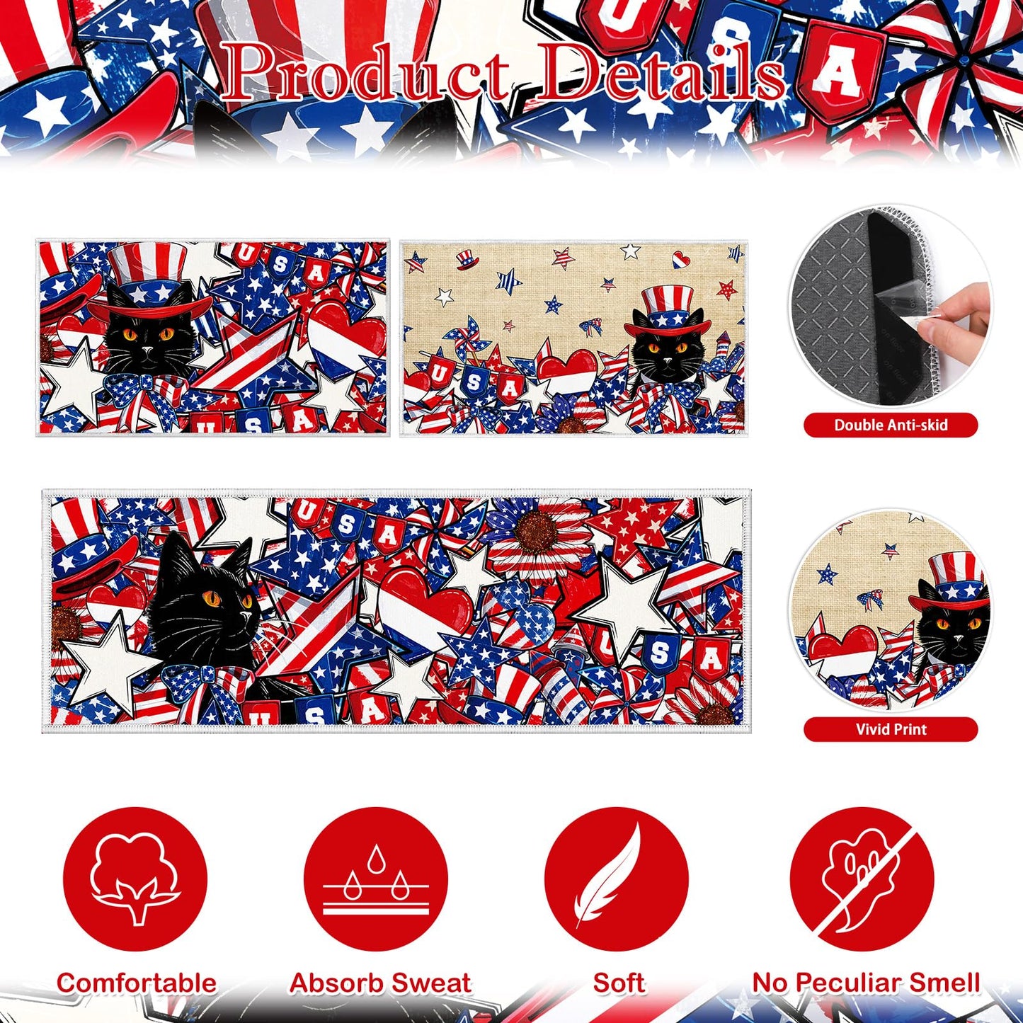 Yoyuspy Kitchen Mats for Floor Decor, 4th of July Black Cat Kitchen Rug Non Slip Washable Sets of 3, Patriotic Floor Mat for Home Sink and Laundry 16x28+16x47 Inch