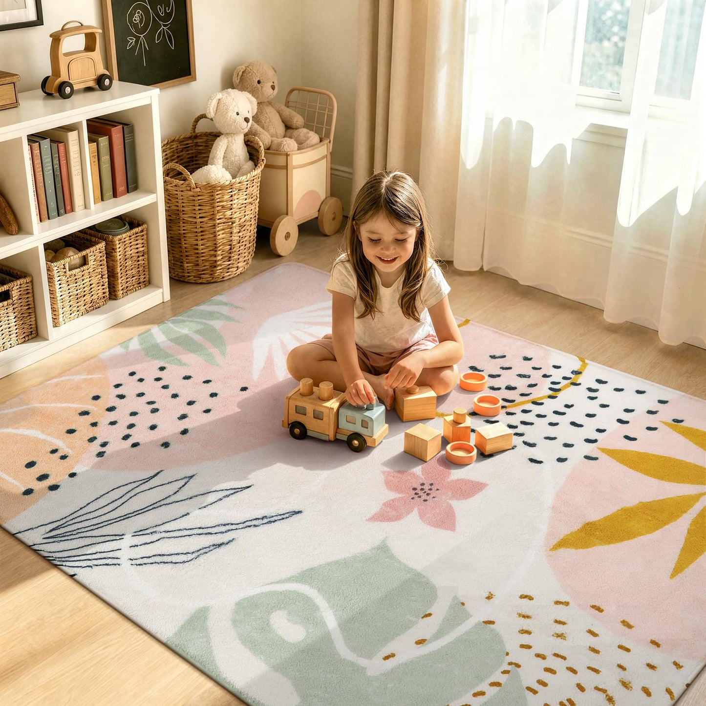 Lahome Pink Boho Nursery Rug 4x6, Washable Non Slip Soft Botanical Area Rug for Girls Bedroom Kids Room Playroom Dorm Apartment Decor