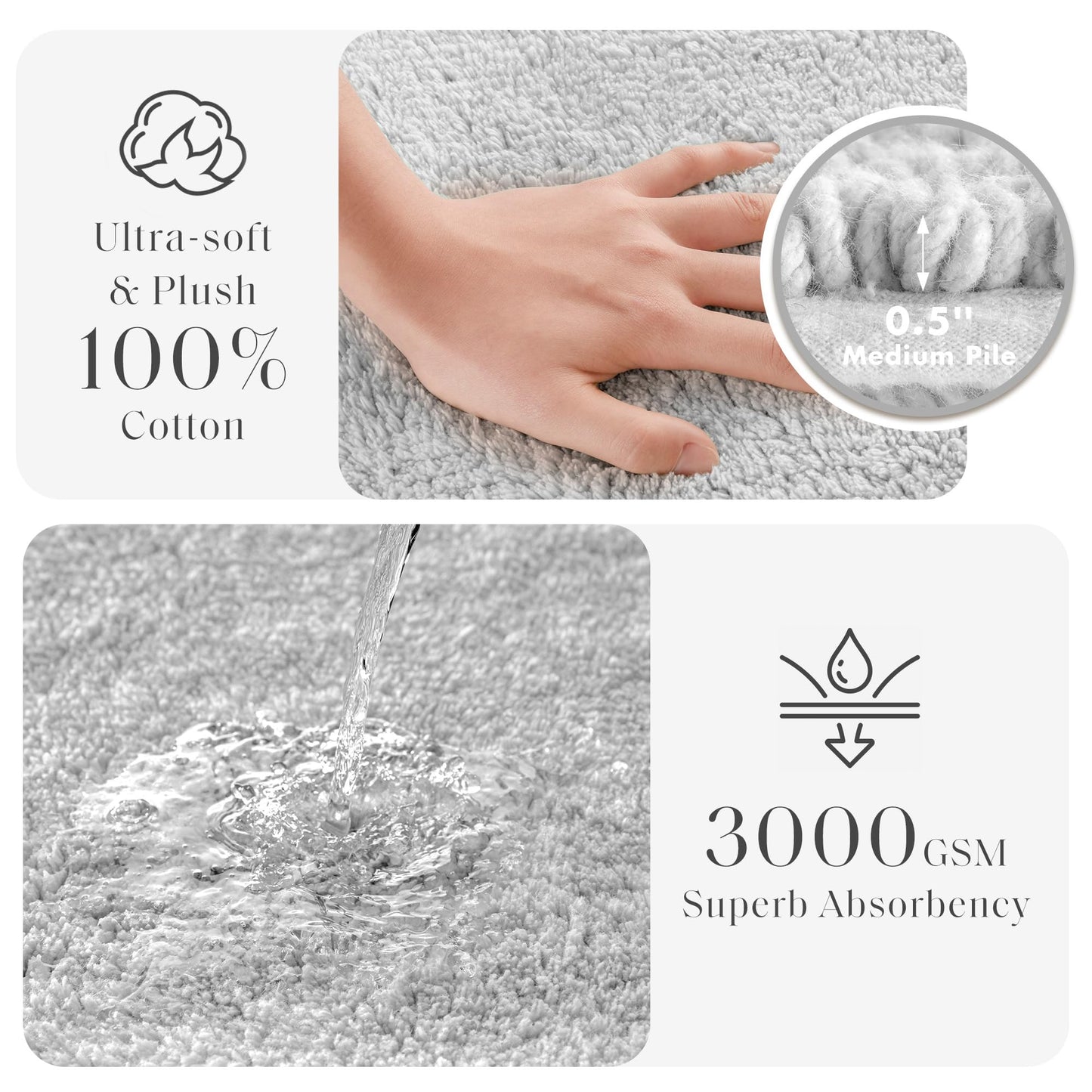 Madison Park Splendor Reversible 100% Cotton Tufted Bathroom Rug-3000 GSM Hotel Quality Luxurious Plush Medium Pile Bath Mat Absorbent, Quick Dry, Shower Room Décor, 24x72, Grey