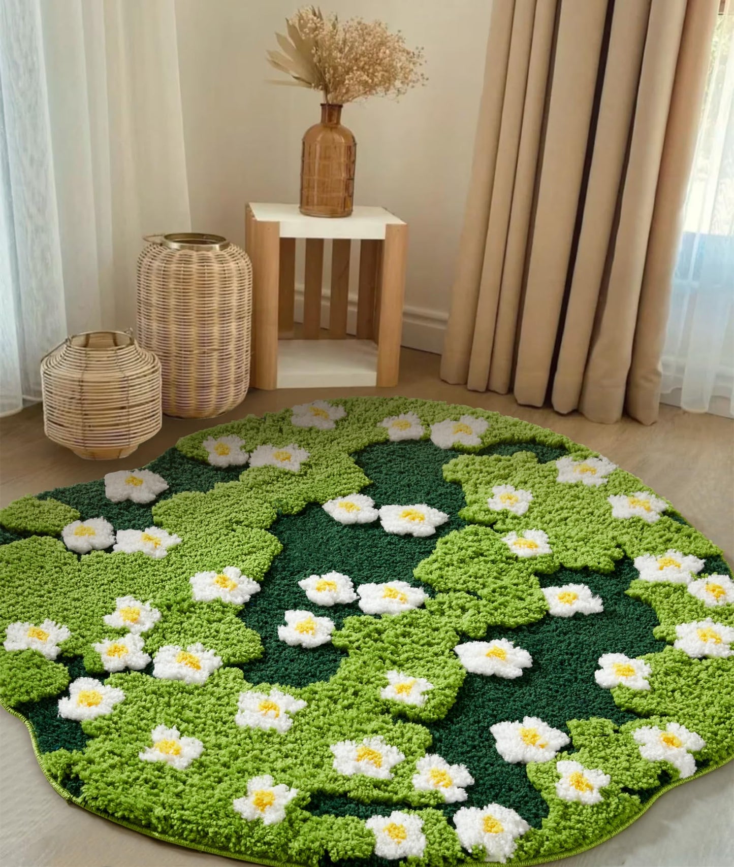 Ouyattle Cute Green Floral Large Bathroom Rugs Bath Mat 3ft Non Slip Washable, Modern Chic Boho Aesthetic Trendy Funky Microfiber Shaggy Tufted Grass Rugs for Bedroom Dorm Nursery Bathroom Kitchen