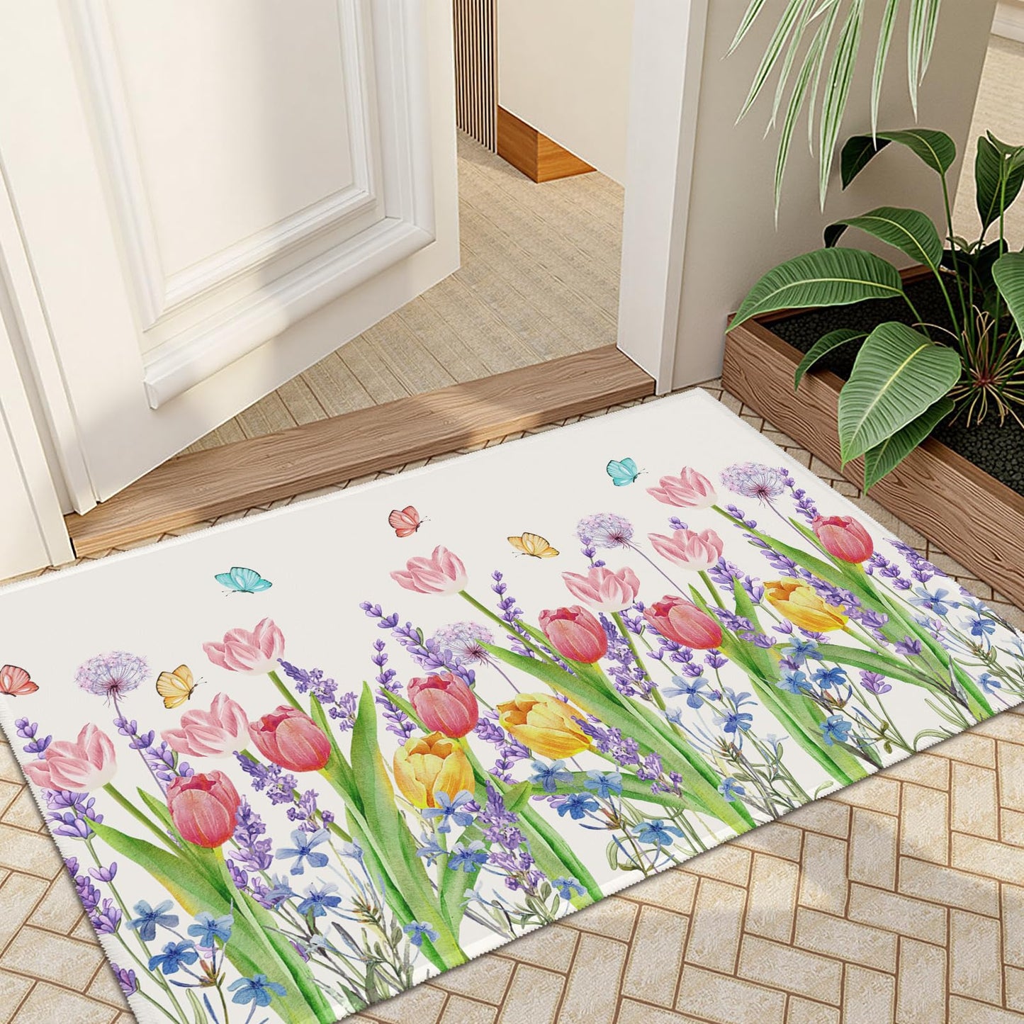 Cryomitron Spring Summer Tulip Outdoor Rug 2x3 Pink Tulip Flowers Lavender Dandelion Door Mat Indoor Entrance Non Slip Soft Low Pile Washable Throw Rugs for Living Room Bedroom Holiday Decor