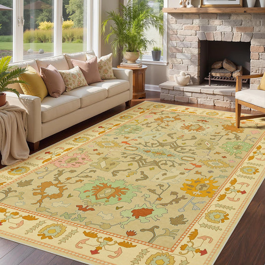 Joydeco Oushak Orange Rug for Living Room, Washable Carpet for Bedroom Non Slip, Boho Floral Ultra-Thin Soft Indoor Floor Throw Rugs for Entryway Dining Table Nursery Home Kitchen