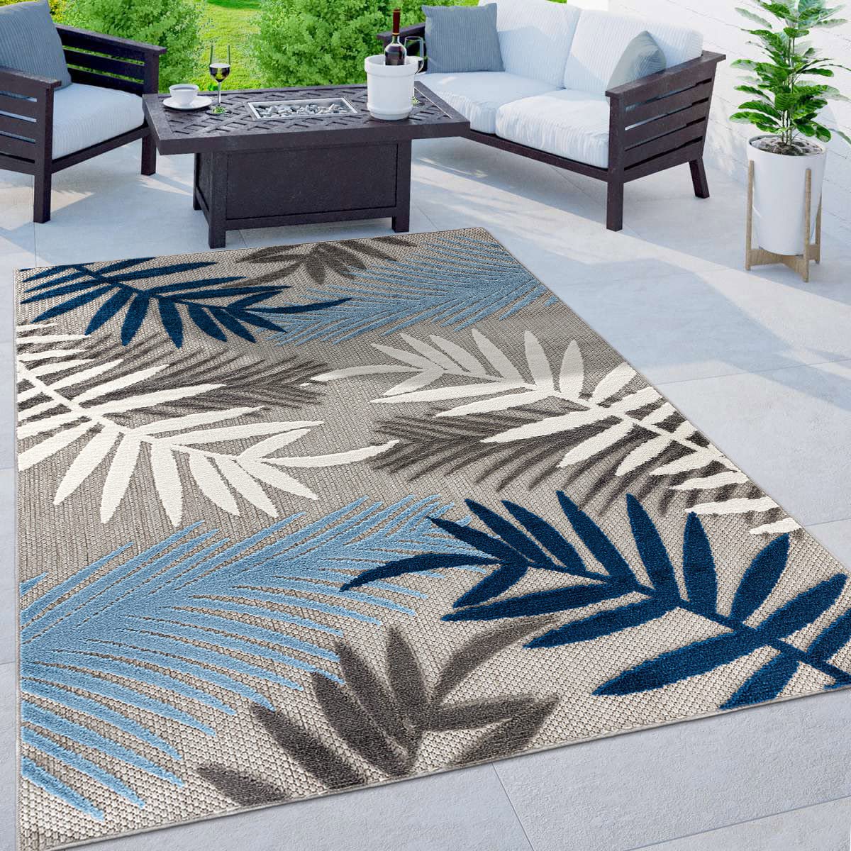 Rugshop Blue Palm Frond Indoor/Outdoor Area Rug Non-Shedding Easy Cleaning for Patio, Deck and Living Room, 5' x 7'