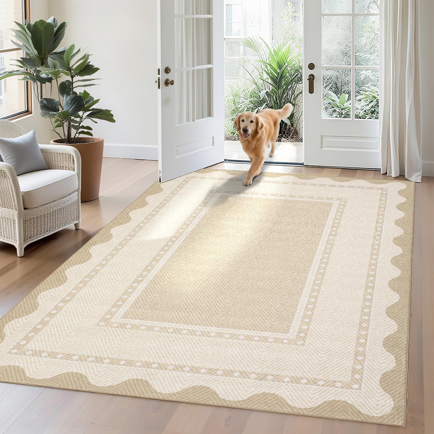 COZYLOOM Modern Living Room Rug 5x7 Rug for Entryway Indoor Machine Washable Area Rugs with Non Slip Backing, Non Shedding Stain Resistant Neutral Bordered Carpet for Office Nursery, Beige