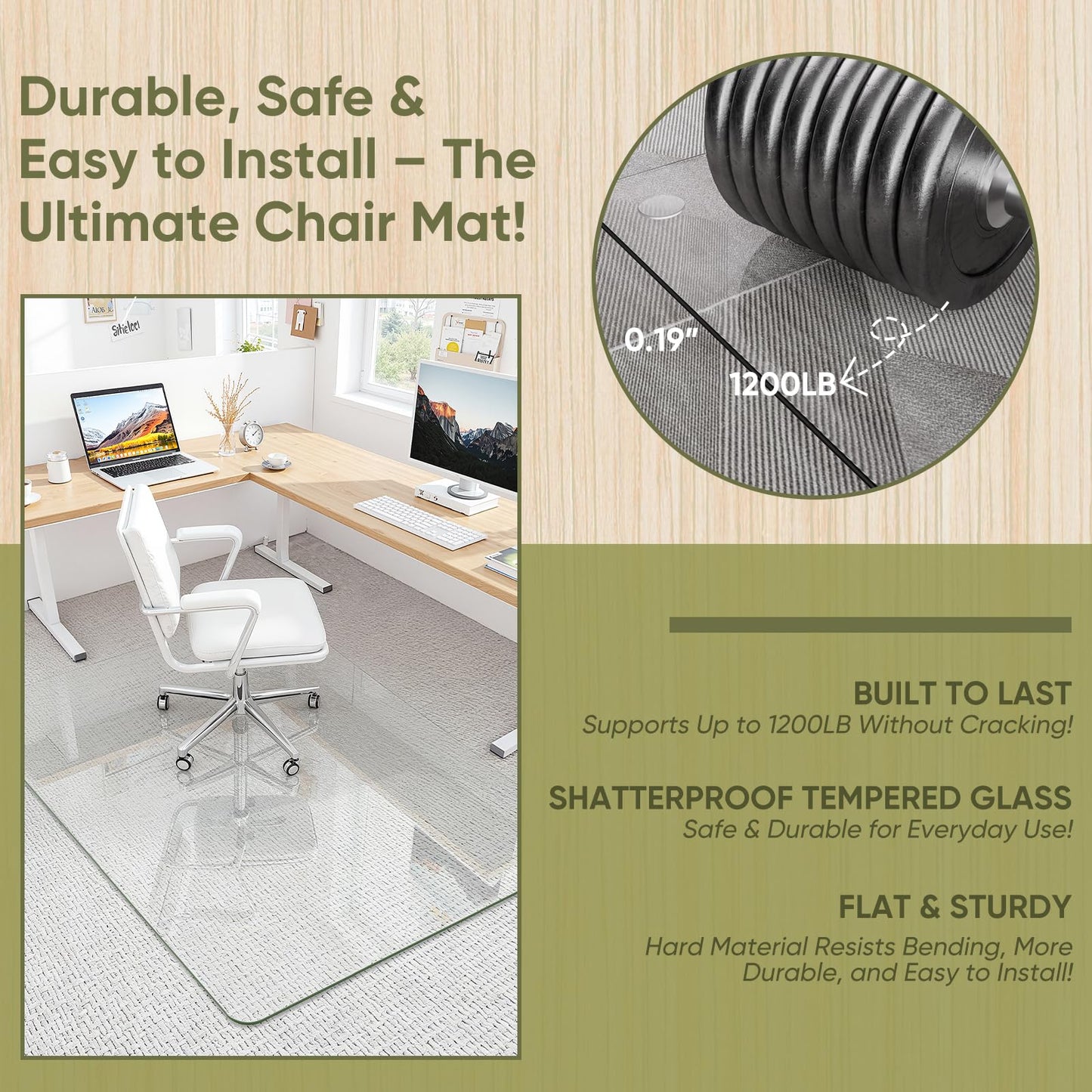 Furnbar 46" x 55" Office Chair Mat for Carpet, Tempered Glass Chair Mat with Rounded Corners and Polished Edges, Desk Floor Mat for Carpet, Hardwood Floor, Office
