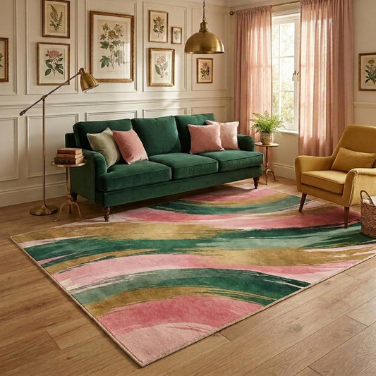 BreezeRise 5x7 Area Rugs for Living Room: Boho Pink and Green Gold Modern Abstrac Rug Brushstroke Gradient Washable Non-Slip Backing for Living Room Bedroom Leisure Area Decor