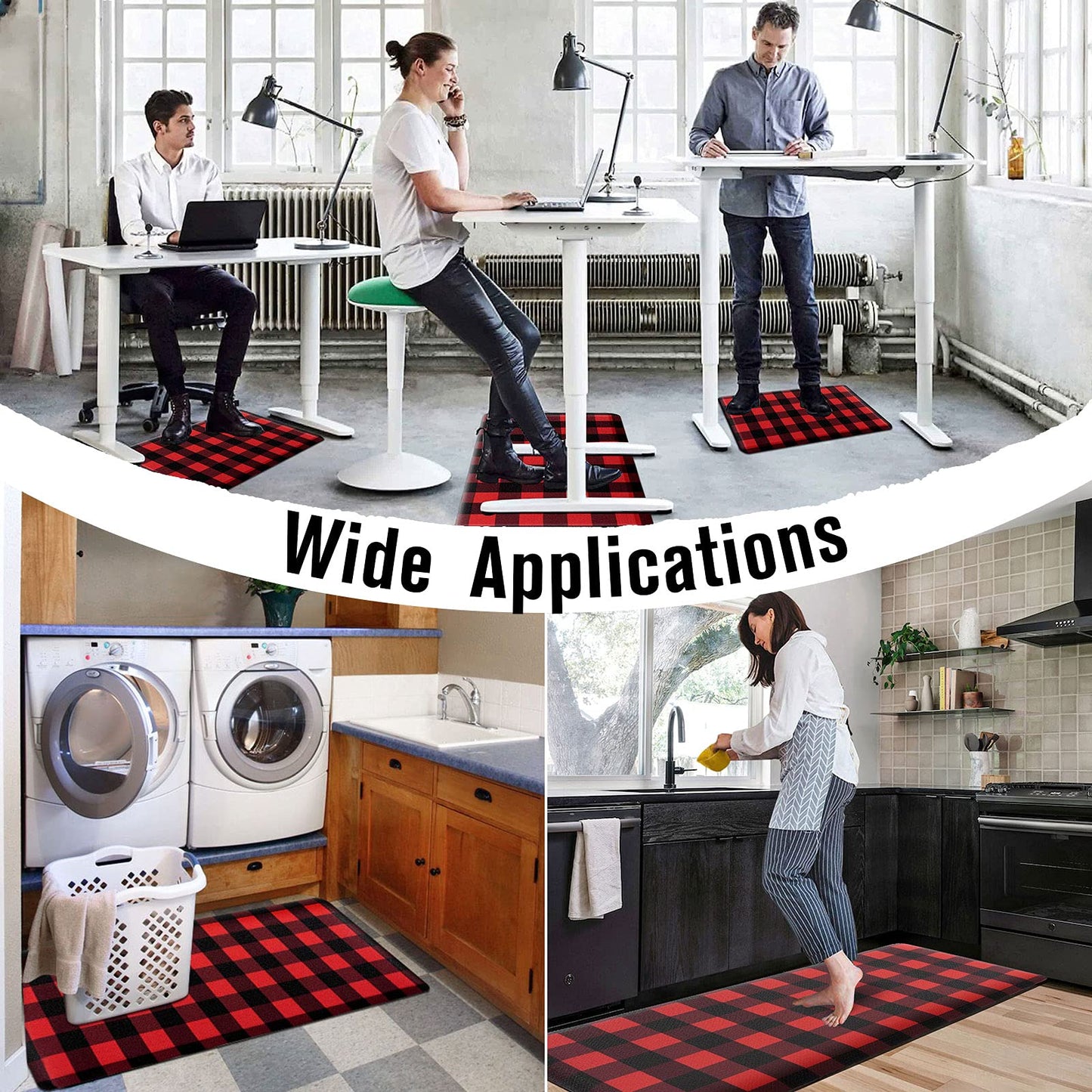 Carvapet 17.3"x28" Kitchen Mat - Red Black Buffalo Plaid Anti Fatigue Cushioned Foam Rug, Waterproof Non Slip Comfort Standing Floor Mat for Laundry