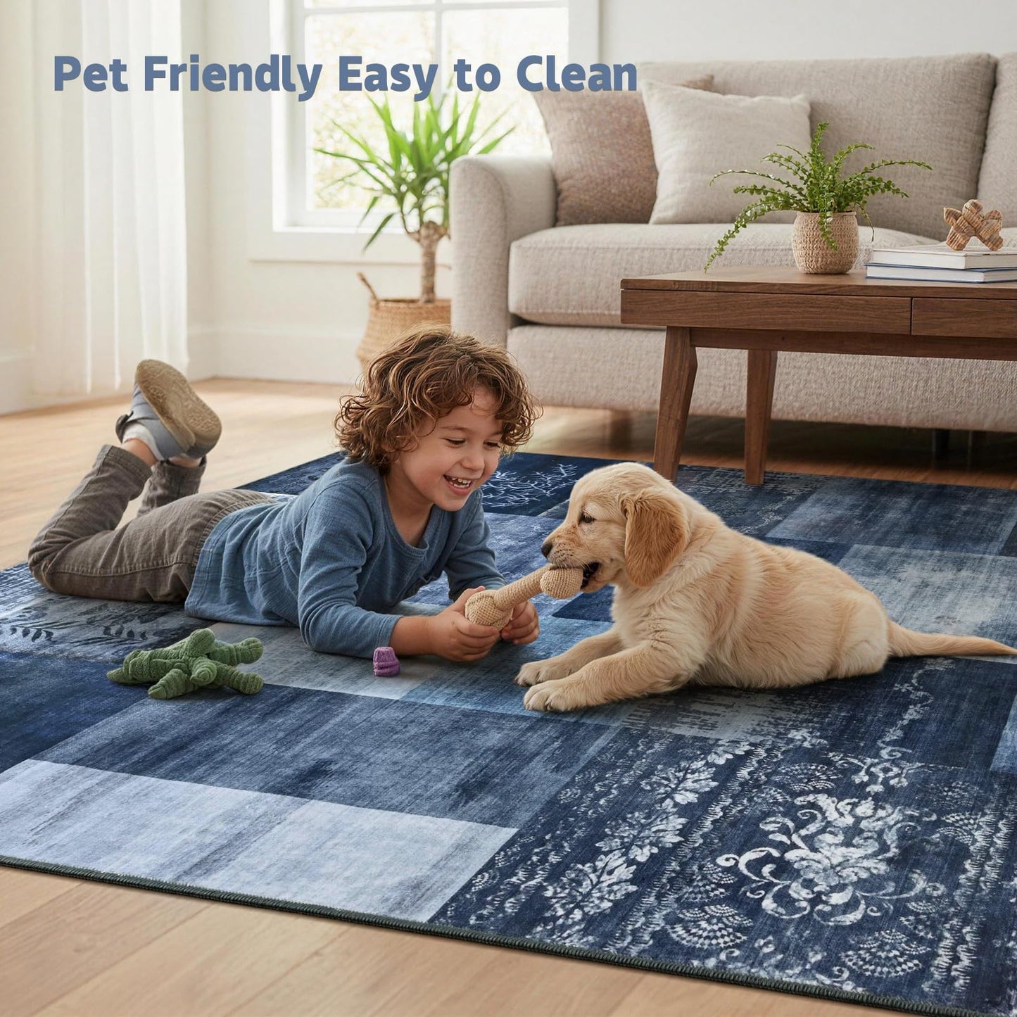 DweIke Washable Area Rugs 6x9 for Living Room, Large Modern Geometric Navy Blue Soft Patchwork Carpet, Non-Slip Stain Resistant Throw Rug for Bedroom Dining Room Office Home Decor