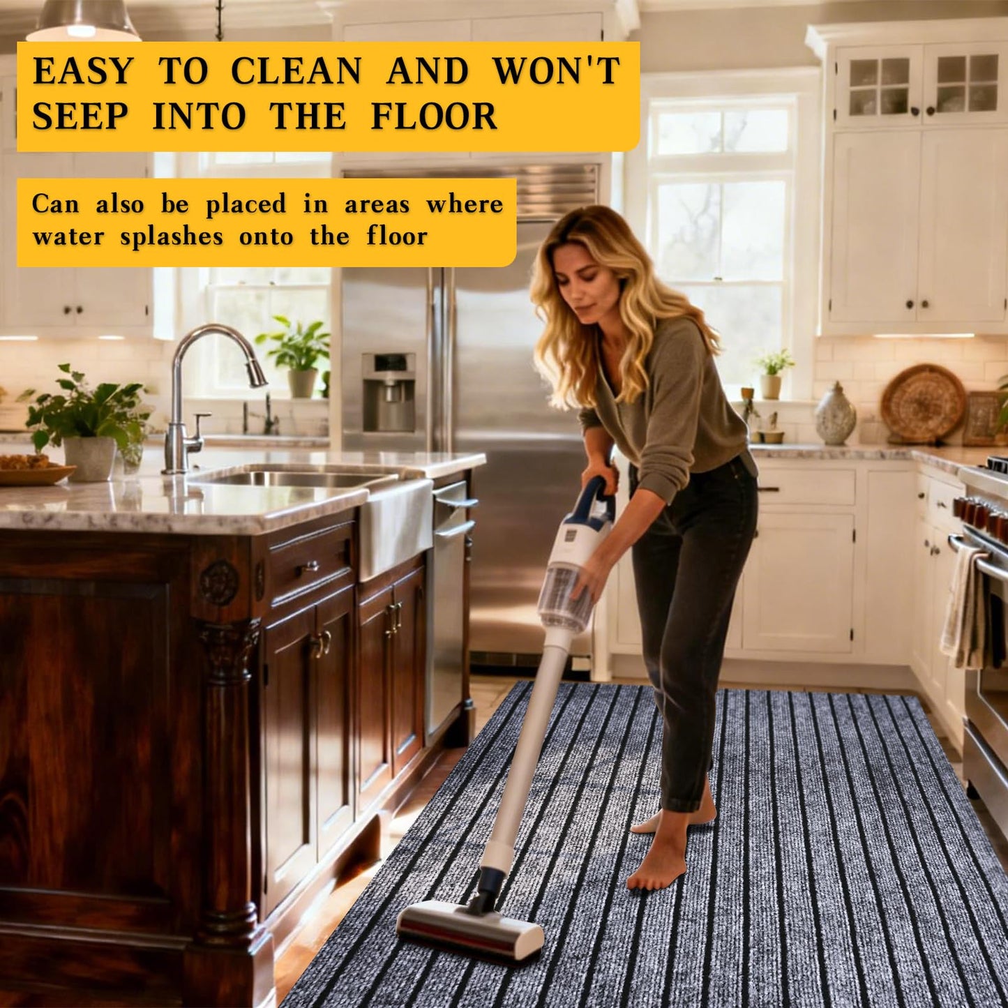 Extra Long 3x15 ft Runner Rug for Hallway, Non-Slip Indoor Outdoor Carpet with TPR Backing, Durable Waterproof Mat for Kitchen, Patio, Balcony, Garage, Deck, Entryway, Stair, Grey Wide Stripes