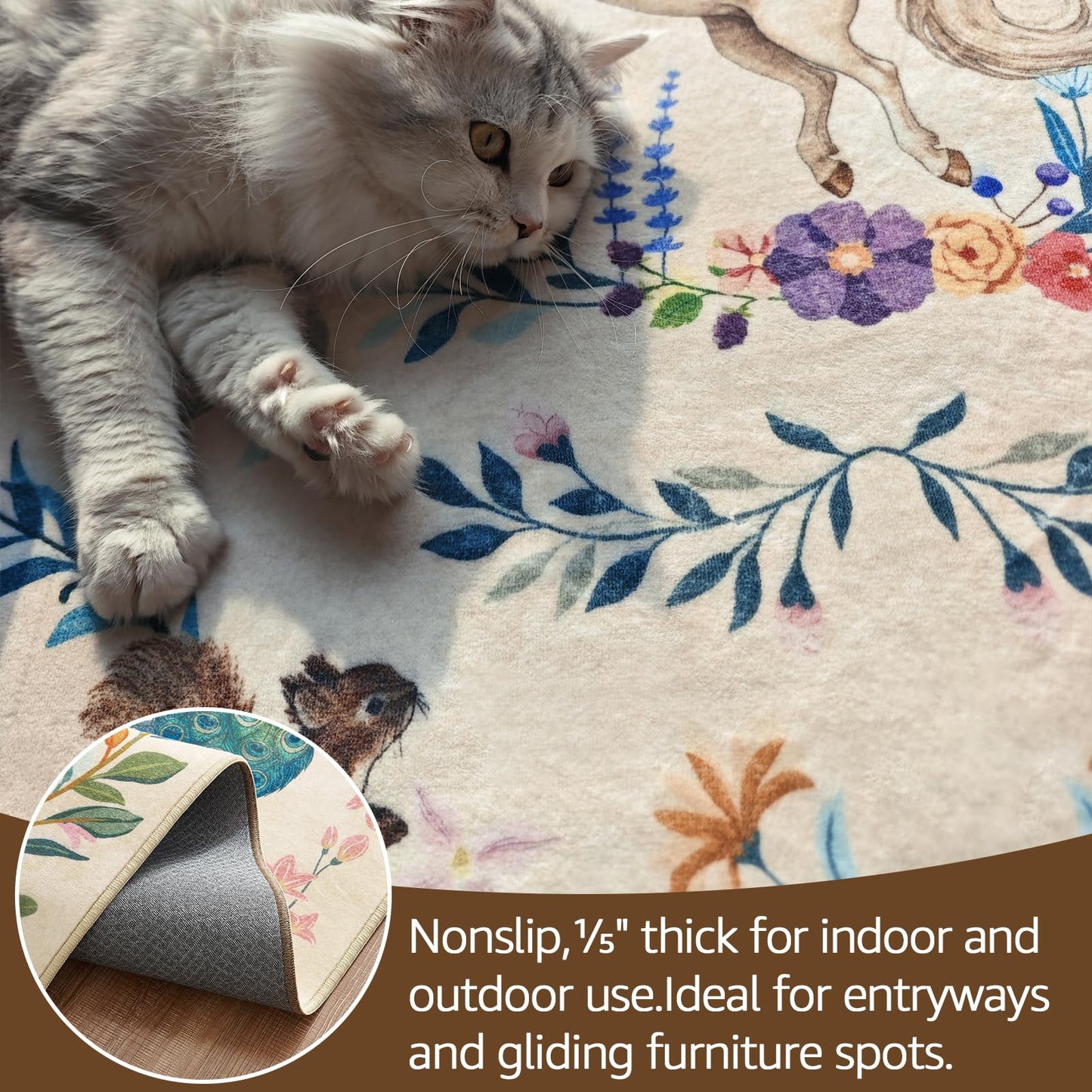 jinchan Moonrise Area Rug 8x10 Kids Room Rug Washable Unicorn Rug Soft Non-Slip Low Pile Fairytale Woodland Animals Floral Carpet for Classroom Nursery Playroom Bedroom Living Room Daylight Cream