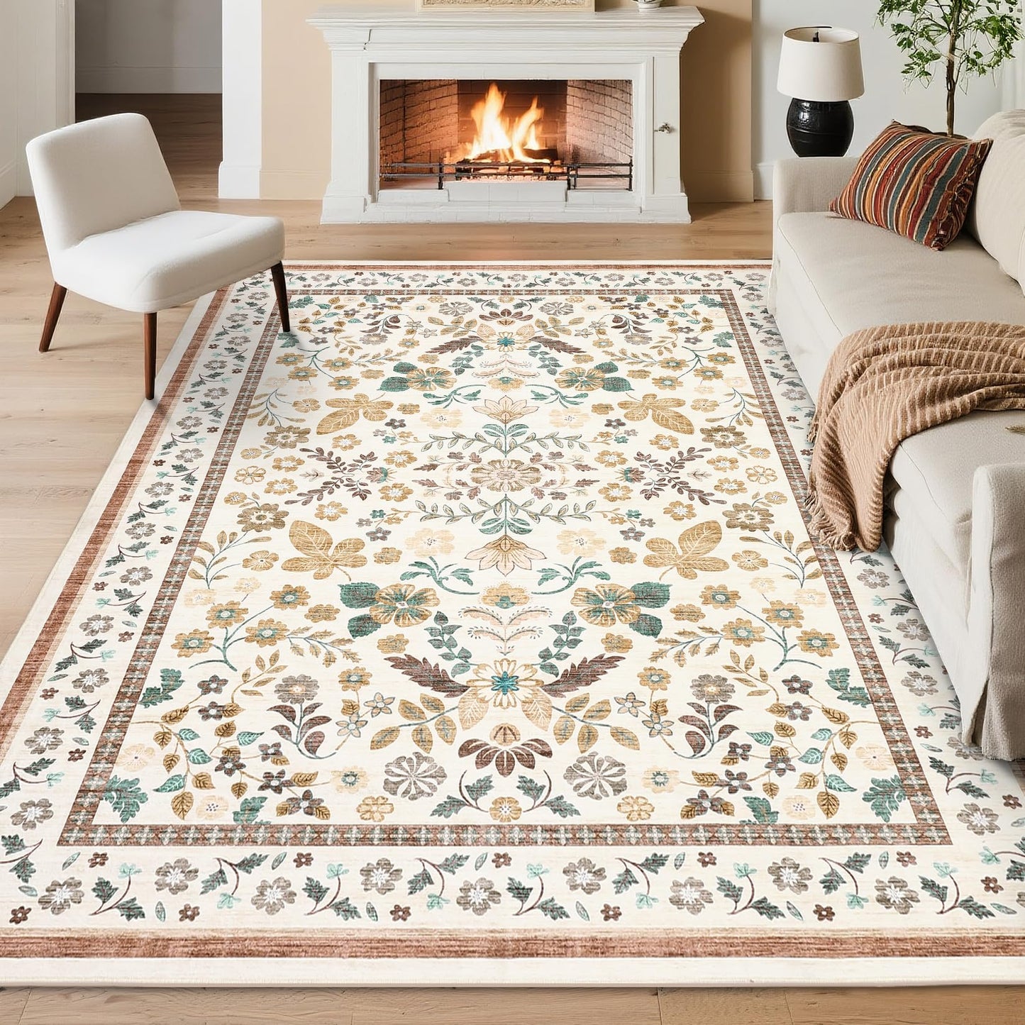 GarveeHome Rugs for Living Room 9x12 Machine Washable Soft Print Boho Low Pile Flower Area Rugs Non-Slip Backing Stain Resistant for Bedroom Farmhouse Dining Room Nursery Beige