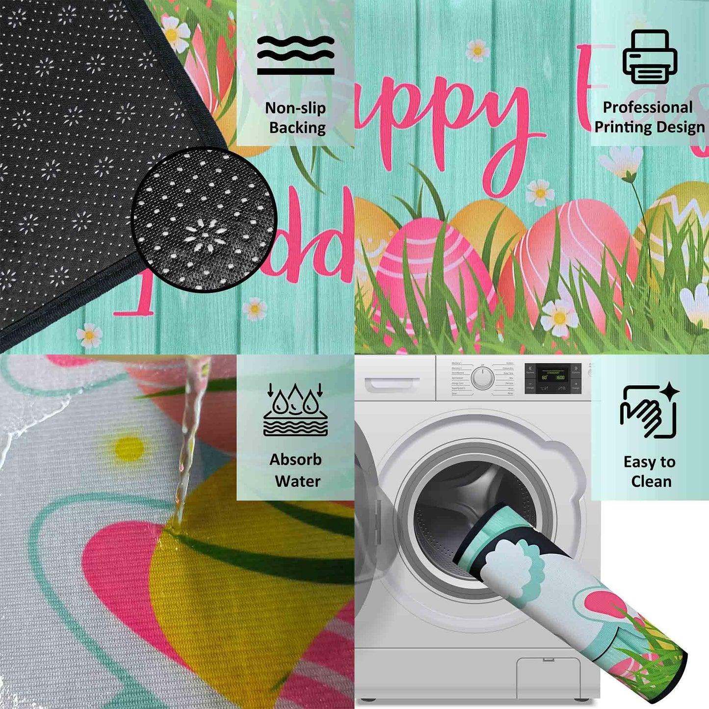 Putware Easter Kitchen Rugs and Mats Set of 2, Easter Decorations for Home Non Slip Backing Happy Easter Kitchen Rug Seasonal Low-Profile Kitchen Floor Mat Easter Decor 17"X47"+17"X30"