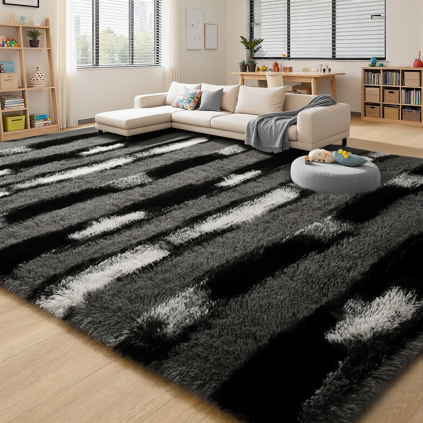 FALARK Fluffy Area Rugs for Bedroom Living Room, 4x6 Black and Grey Soft Plush Striped Rug, Modern Indoor Non Slip Washable Carpet, Furry Throw Carpets for Home Decor