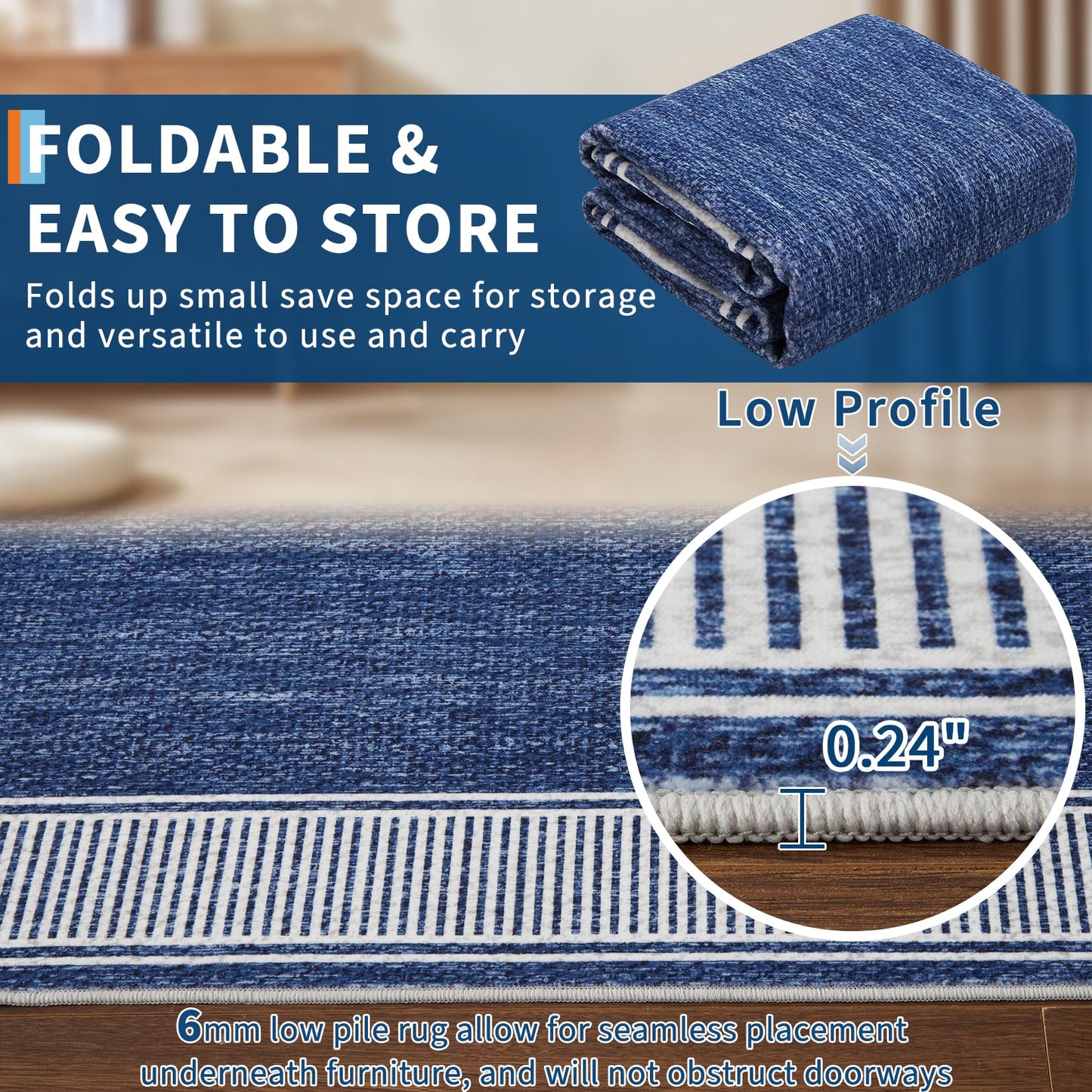 GarveeHome Washable Rug 5x7 for Bedroom Large Living Room Rug with Rubber Backing Casual Striped Border Throw Carpet Modern Contemporary Area Rug for Dining Room Nursery Entry, Blue
