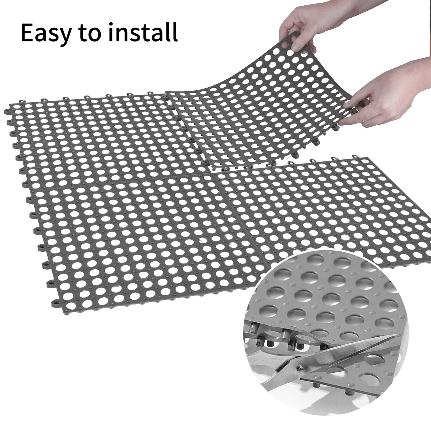 12 Pack 11.8" x 11.8" Interlocking Floor Tiles with Drain Holes Soft PVC Non Slip Shower Floor Mat Modular Interlocking Cushion Mat for Drain, Pool, Patio, Balcony, Kennel, Poultry, Floor Grid, Grey