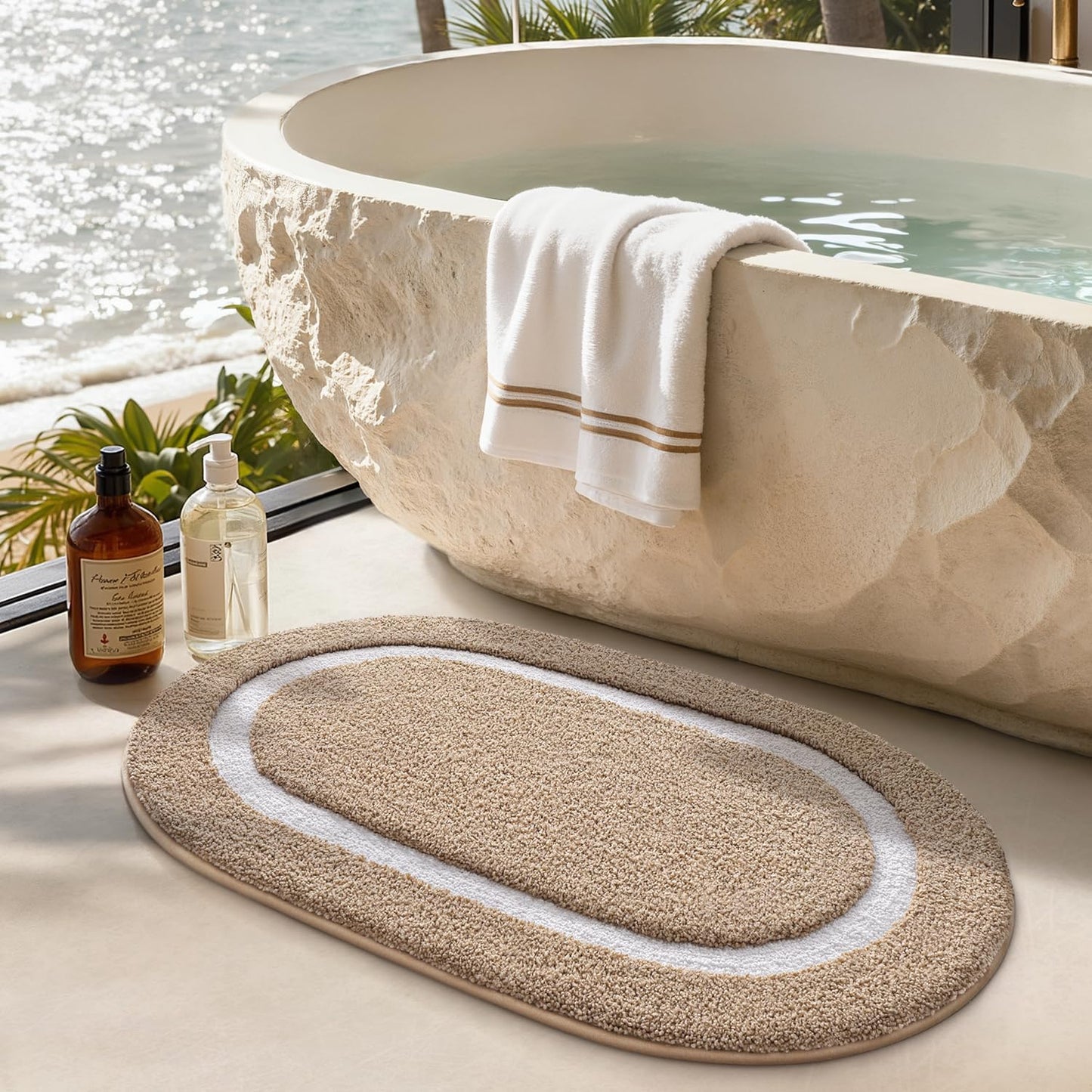 LUMI Bath Mat Oval Bathroom Rug, 20"x32" Non Slip Washable Bathroom Mats, Premium Water Absorbent Shower Rug for Accessories Decor, Khaki