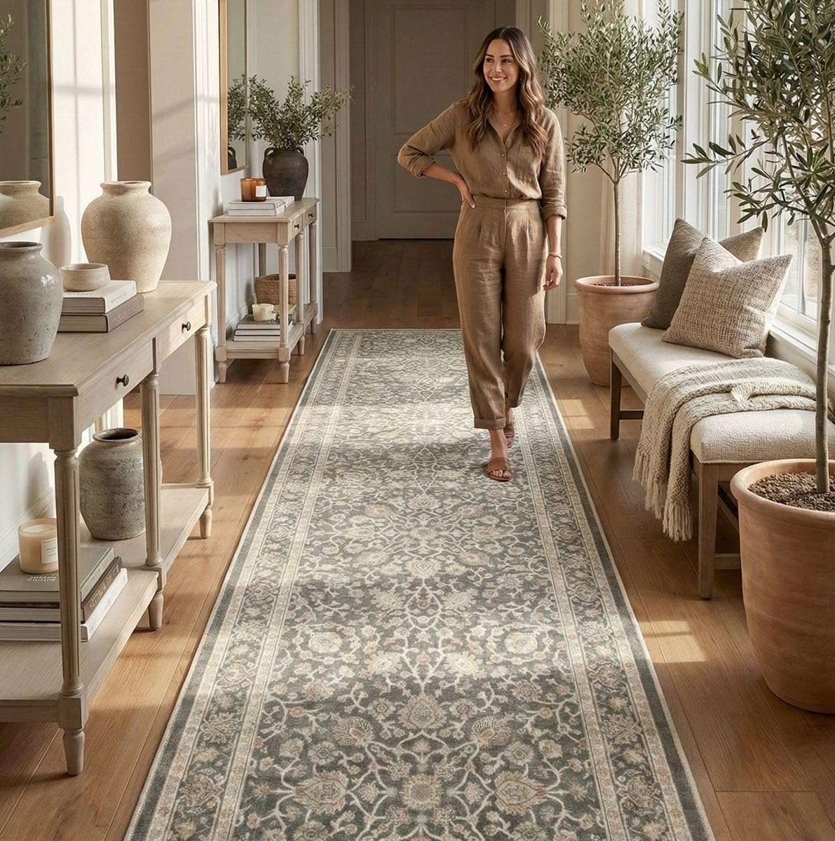 Well Woven Custom Size Hallway & Stair Runner- Asha Rome Charcoal Brown 26 Inches Wide Super Thin Long Runner (26" x 12' Runner) Rug - Floral, Easy Clean, Floor-Friendly Backing