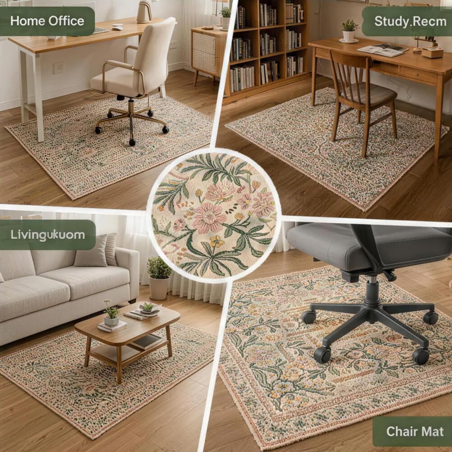35x47 Inch Floral Desk Rug, Office Rugs for Rolling Chairs, Under Desk Carpet for Hardwood Floor, Small Office Area Rug