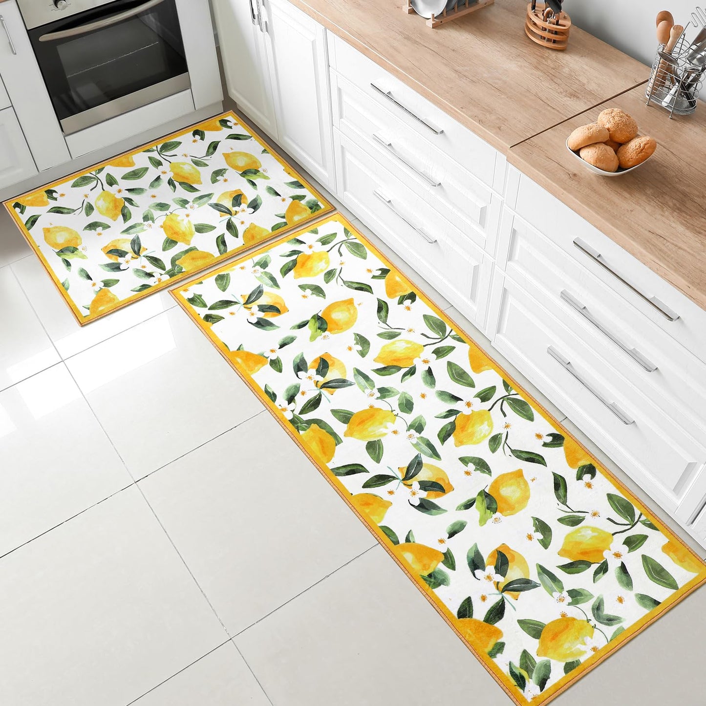 Sliner White 2 Pcs Lemon Kitchen Mats Lemon Kitchen Rugs for Floor Washable Soft Non Slip Carpet for Bathroom Sink Laundry Decor, 17" x 30" + 17" x 47"