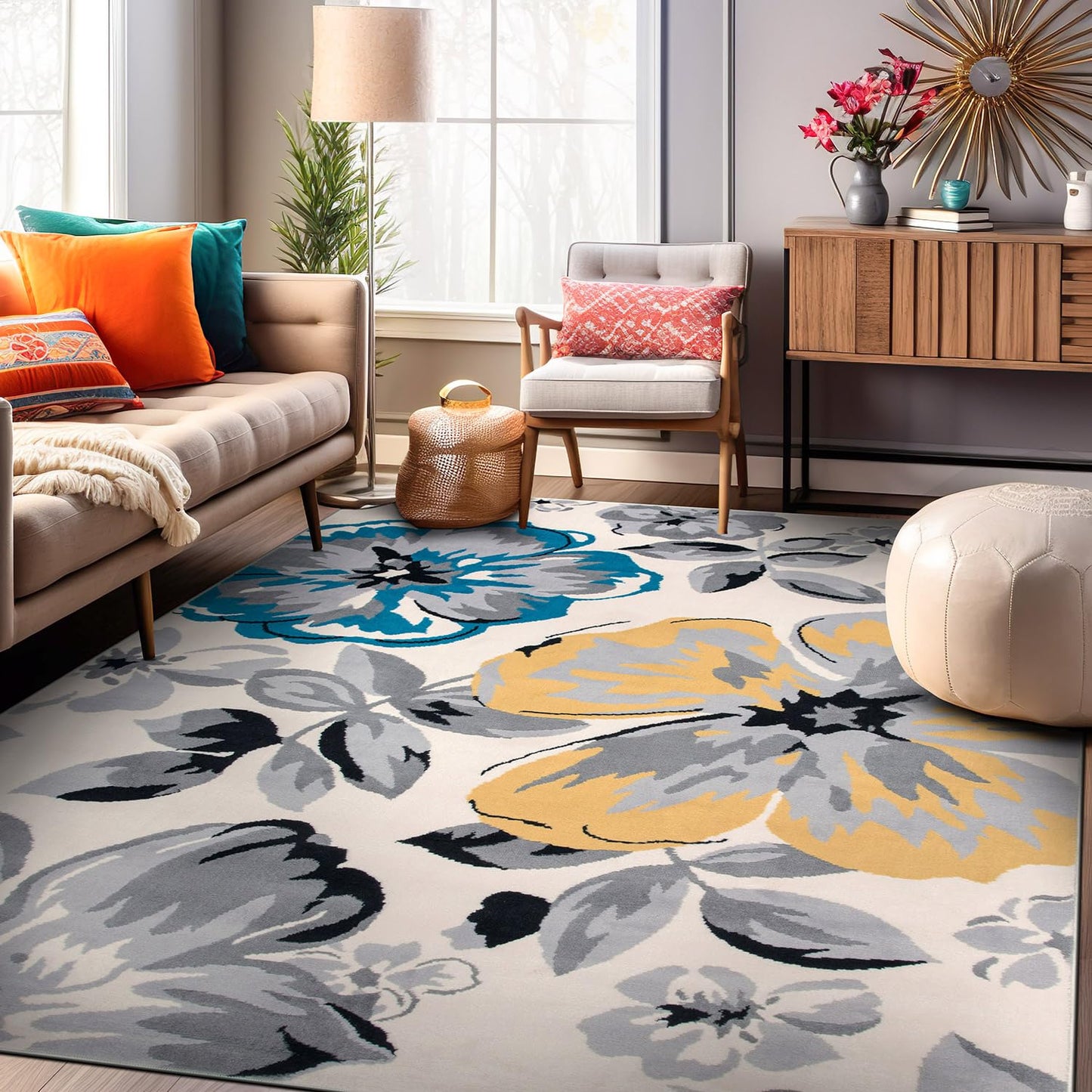 Rugshop Modern Floral Design for Living Room,Bedroom,Home Office,Kitchen Non Shedding Area Rug 5' X 7' Cream