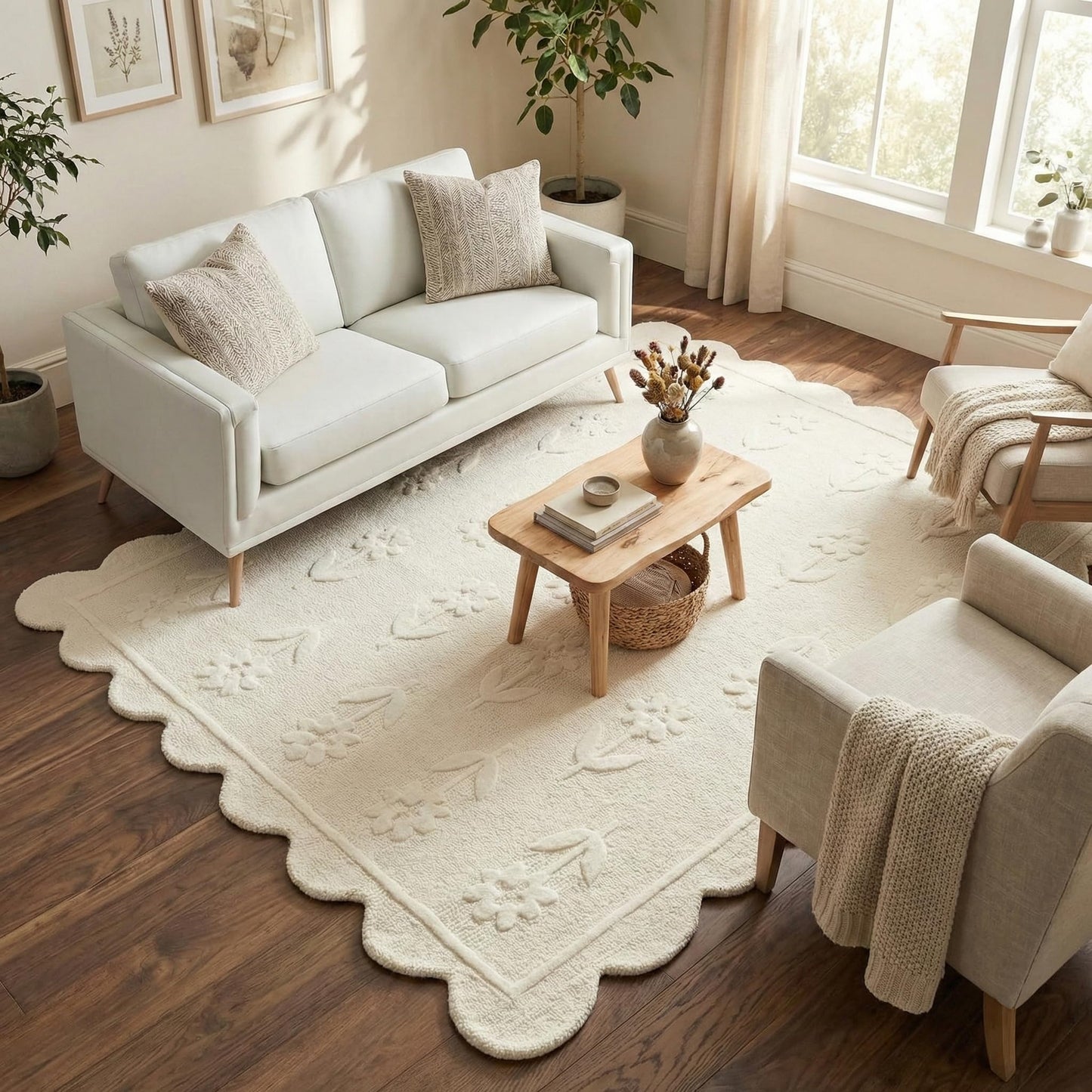 RUGWYN Jessa Scallop Floral Rug – Handmade Wool Area Rug with Non-Slip Cotton Backing – Soft and Durable – Ideal for Living Room, Bedroom, and Home Décor – Anti-Skid Design (Beige, 4' x 6')