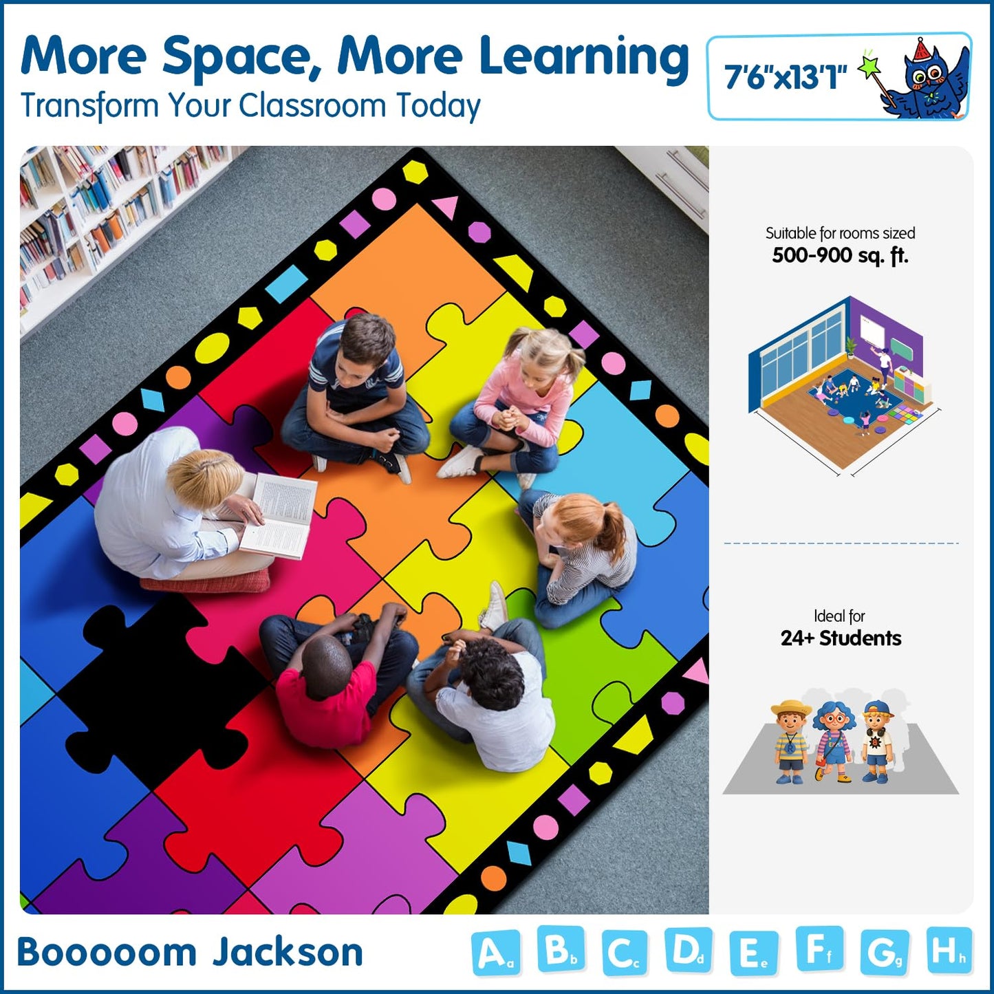 Booooom Jackson Classroom Rug Elementary, Large School Carpet Fade-Resistant with 24 Spots Puzzle Pattern Carpet Colorful Seating Rug for Preschool, Daycare 7'5''x13' Nylon Material