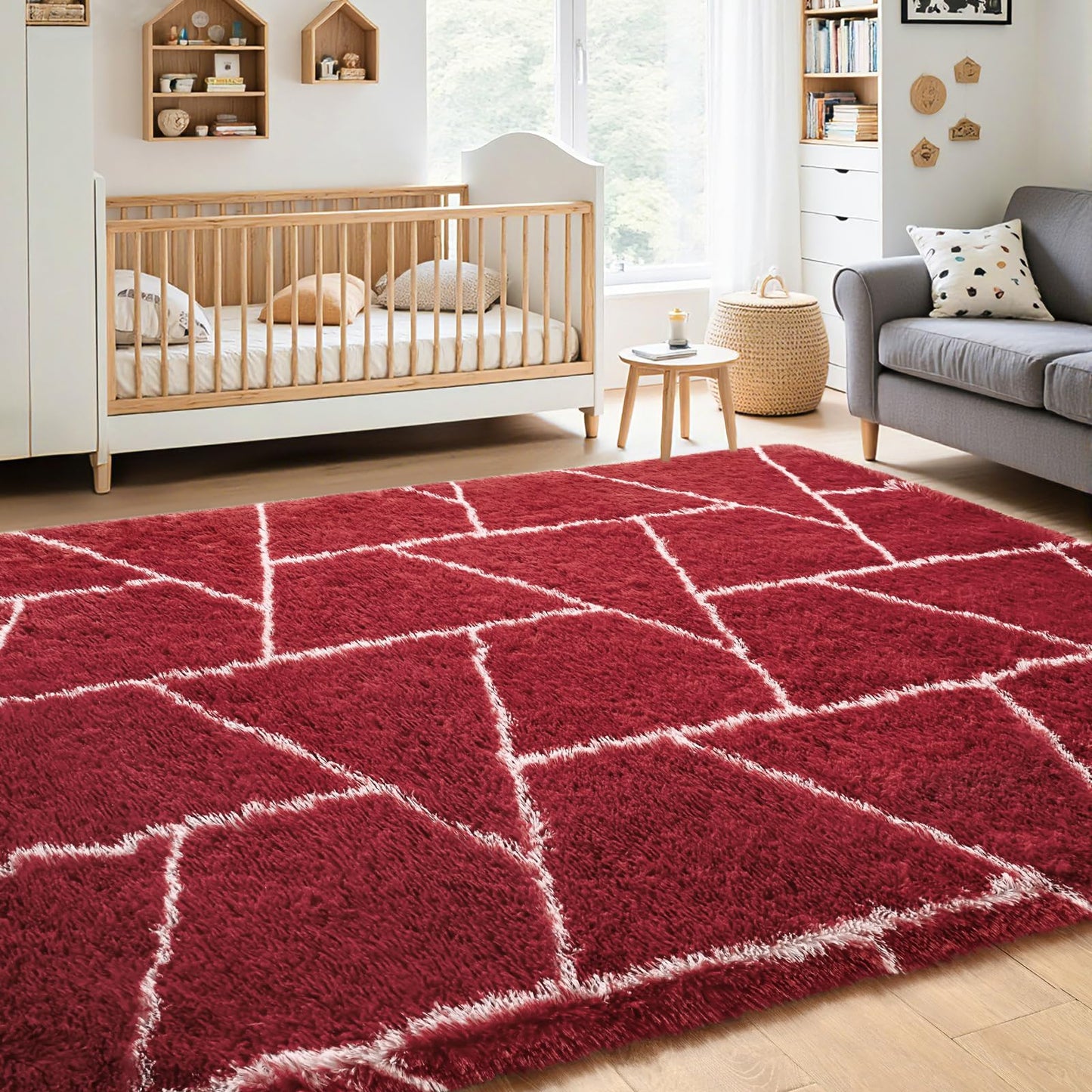 FALARK Fluffy Area Rugs for Living Room Bedroom, Modern Geometric 4x6 Feet Red White Rug, Soft Plush Shaggy Fuzzy Floor Bedside Carpet for Nursery Kids Girls Boys Teen Dorm Home Office Decor