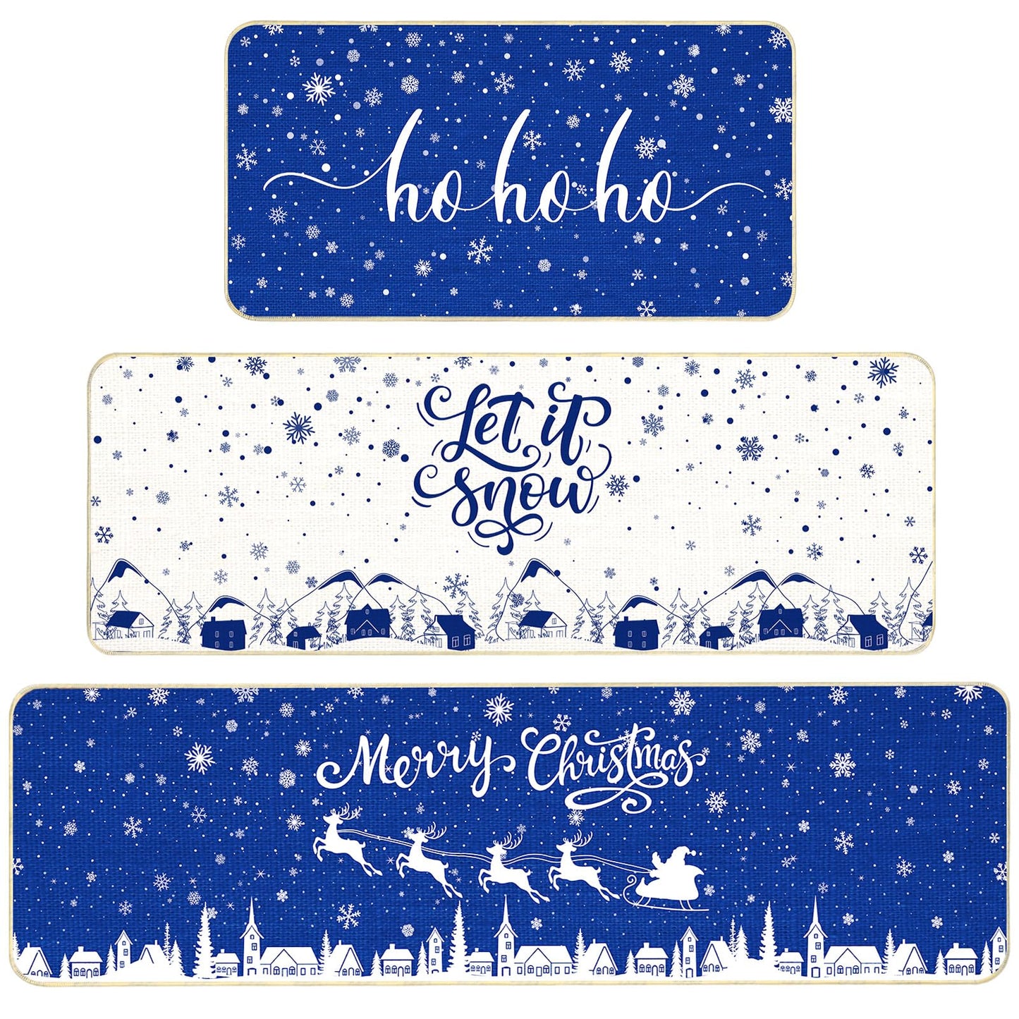 Tinideya 3 Pcs Navy Blue Merry Christmas Snowflakes Kitchen Rugs HOHOHO Let It Snow Blue Kitchen Mats Santa Christmas Decorations Village Indoor Floor Mat for Home Bathroom Decor 16.5 x 31/47/ 59 Inch