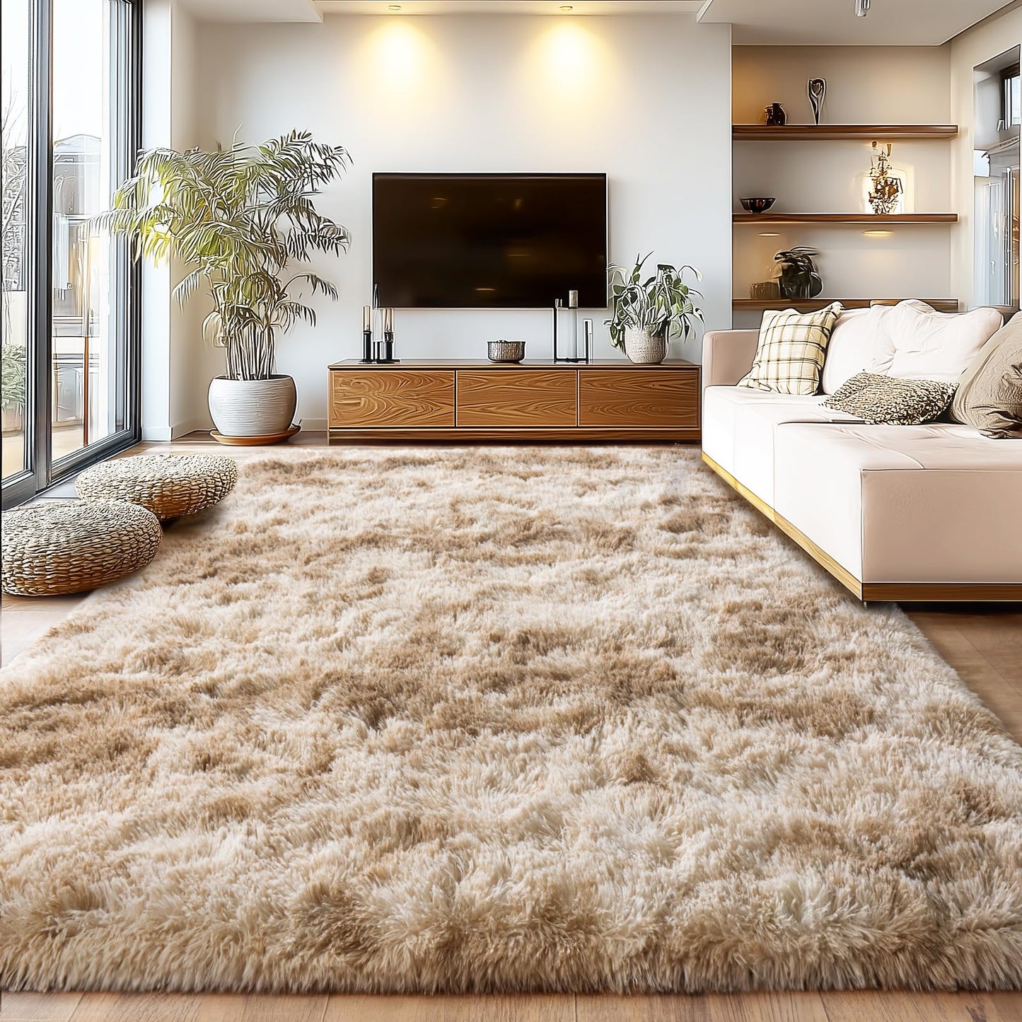 Large Plush Shaggy Rug High Pile Fluffy Rug for Living Room, Big Plush Non-Skid Shag Carpet, Soft Shaggy Rugs for Bedroom Indoor Modern Home Decor Tie Dye Camel 9x12ft