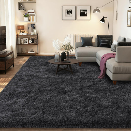 KOGSA 9x12 Large Area Rugs for Living Room, Charcoal Gray Ultra Fluffy Plush Rug for Living Room Bedroom, Thick Fluffy Carpet for Girls Boys Kids Room, Non Slip Dorm Rug for Home Decor Aesthetic