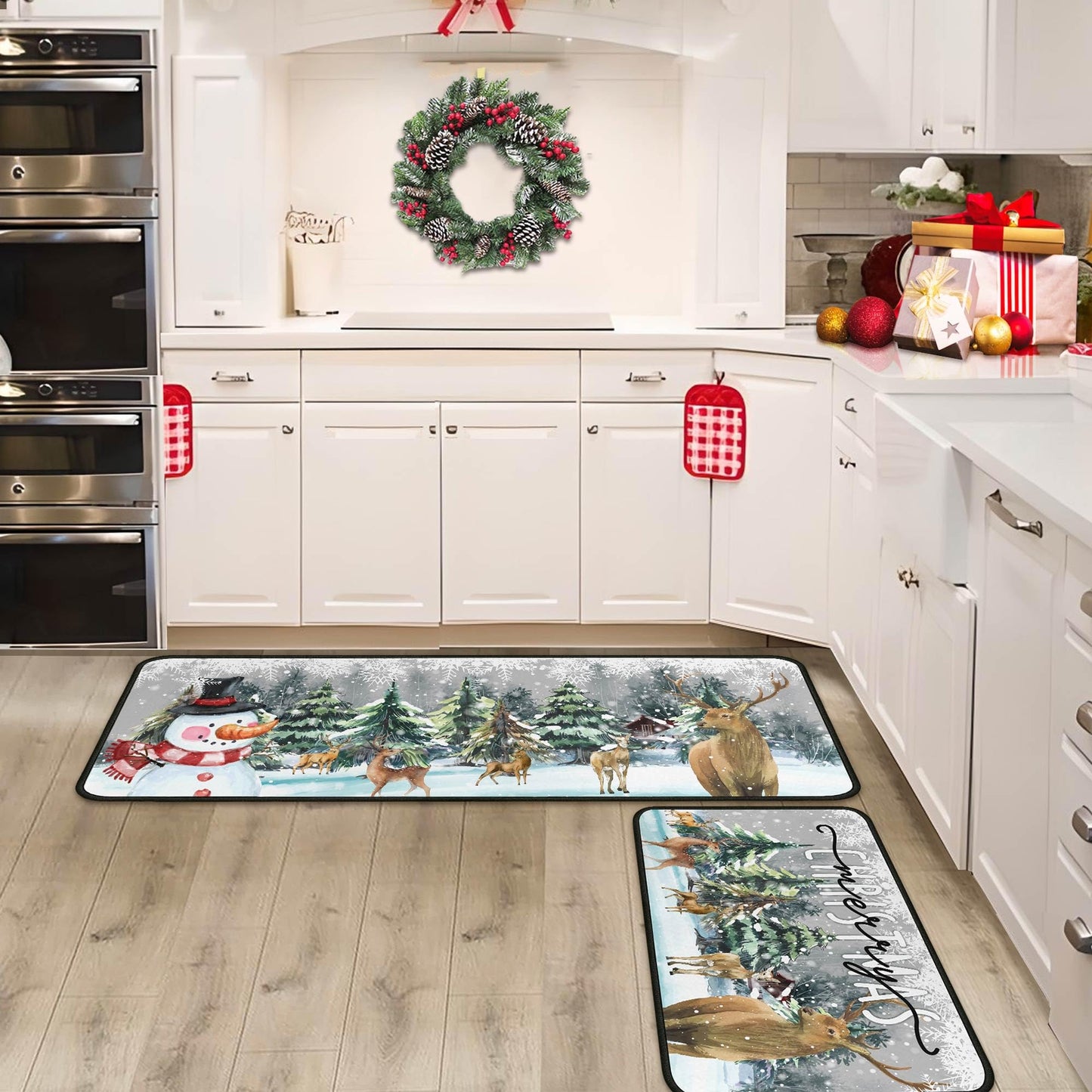 Christmas Kitchen Rugs and Mats Set of 2, Xmas Decor Non Slip Backing Xmas Trees Rug Winter Holiday Kitchen Rug Christmas Decorations for Home Low-Profile Kitchen Floor Mat 17"X47"+17"X30"