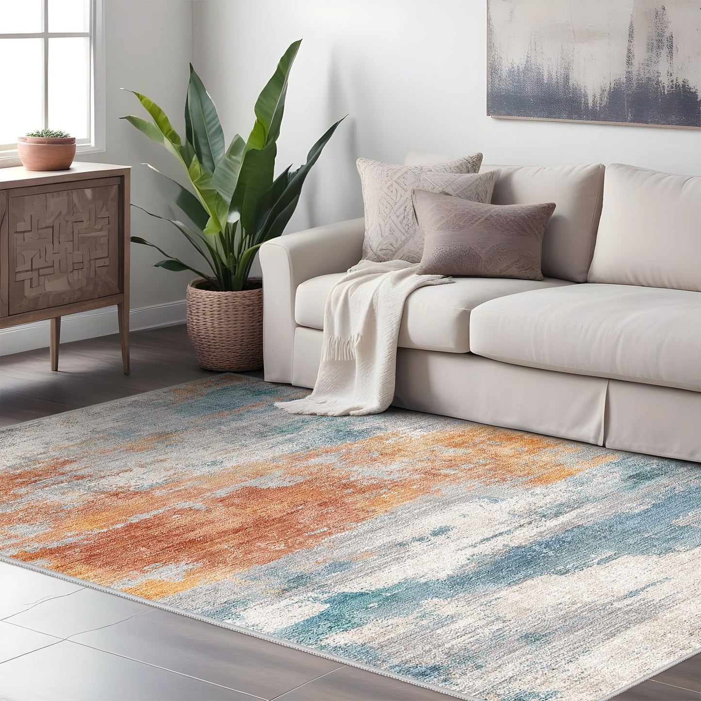 Abstract 3x5 Washable Rug: Modern Non Slip Area Rug Soft Carpet Foldable Distressed Stain Resistant Neutral Rugs for Hallway Living Room Bedroom Decor Indoor Small Farmhouse Rug 3'x5' Blue Brick