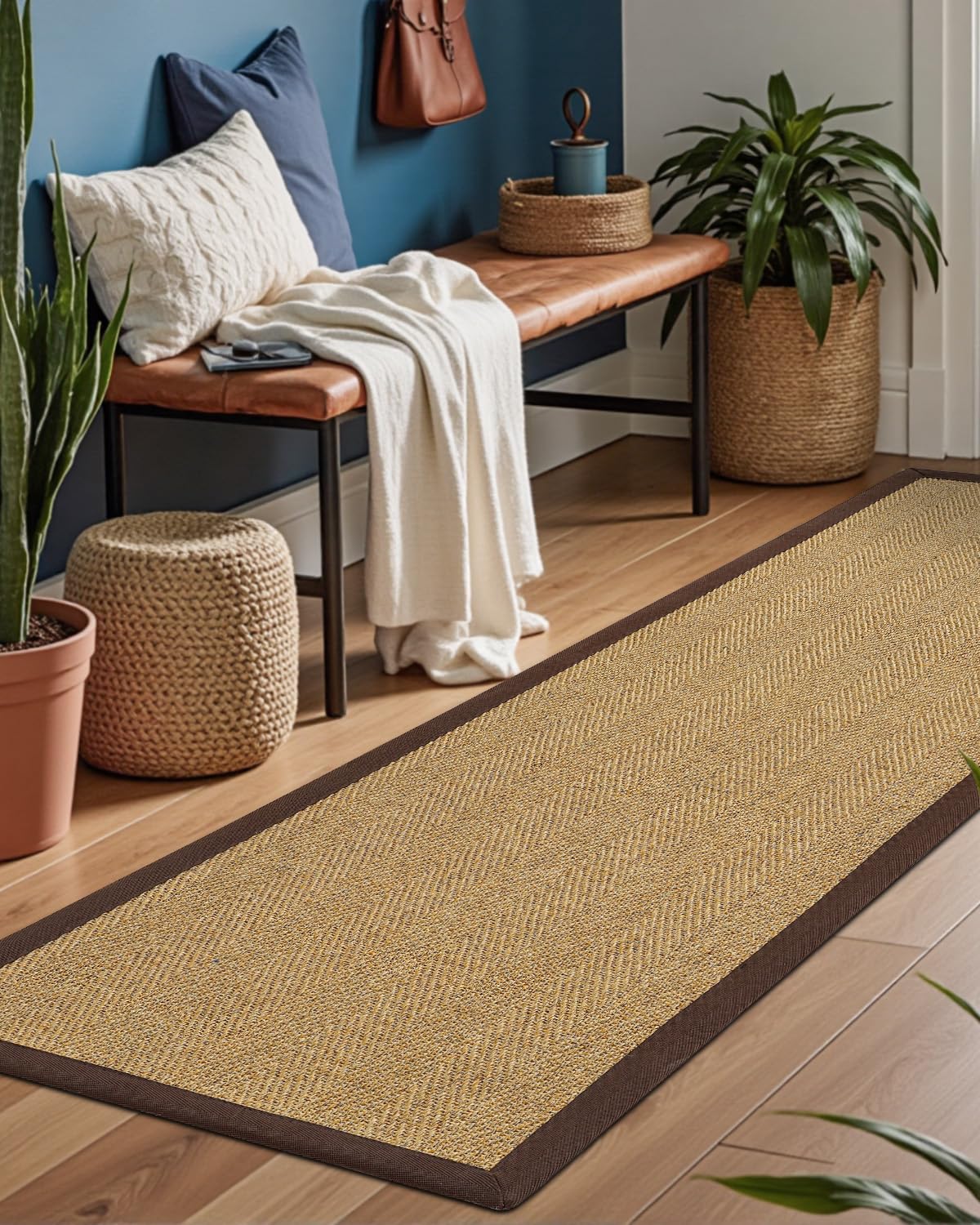 DEXI Jute Hallway Runner Rug 3x8, Woven Braided Natural Fiber Non Slip Runner Inside, Farmhouse Runners Carpet Indoor for Entryway Kitchen Luandry, Natural/Brown