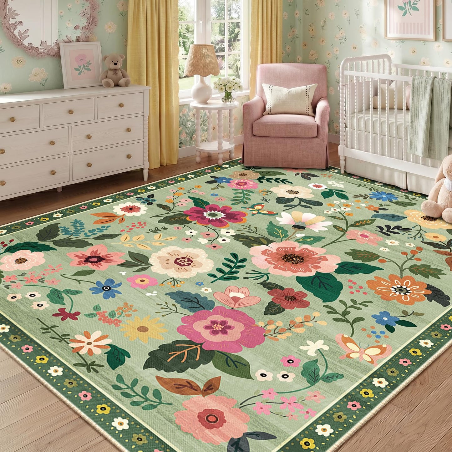 RELEANY Floral 5x7 Area Rugs Washable Print Boho Cute Carpet Non Slip Flower Low Pile for Living Room Bedroom Kitchen Office Farmhouse-Light Green