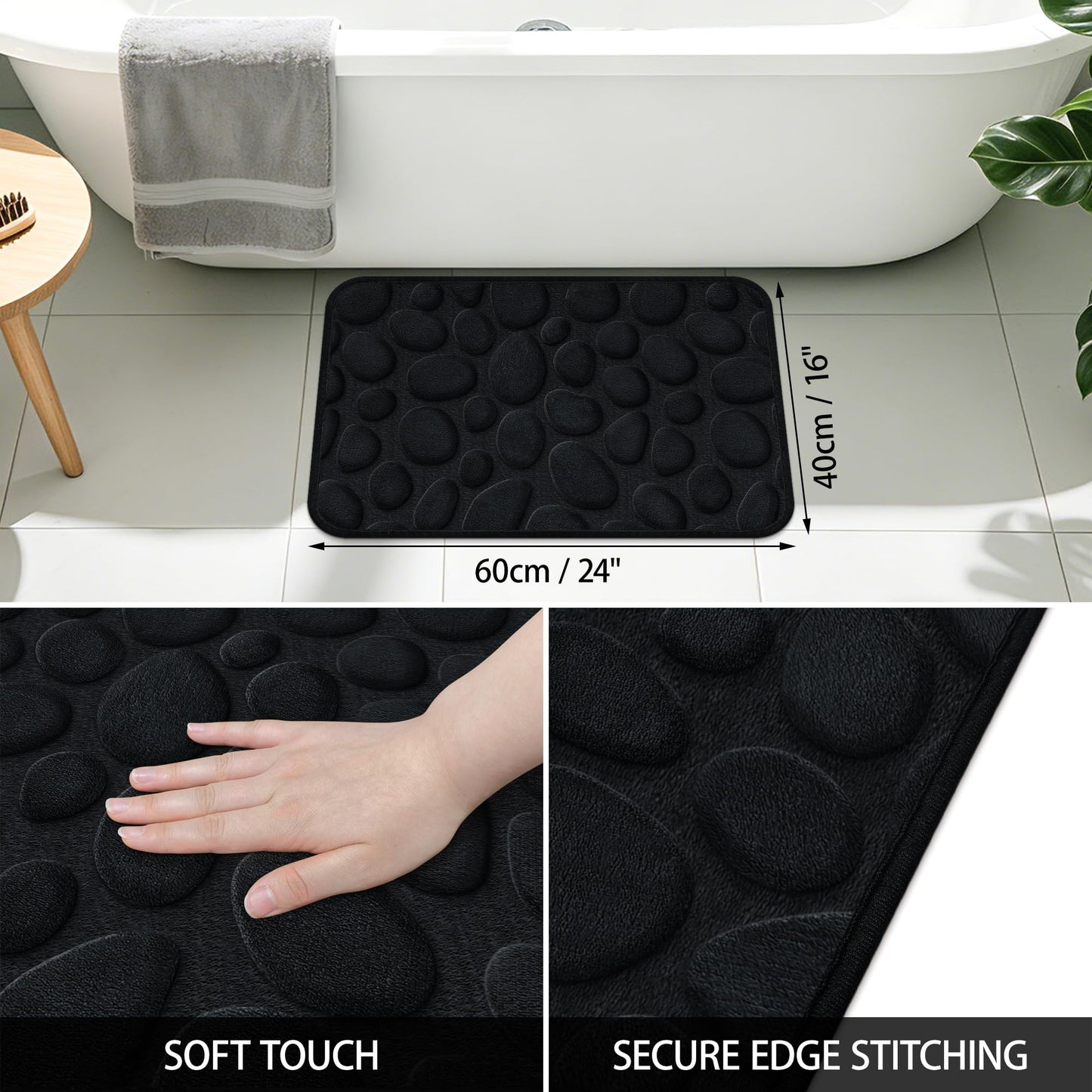 SharpWeaRug Memory Foam Bath Mat,16x24 Inch Non Slip Cobblestone Bath Mats,Manchine Washable Absorbent Bathroom Floor Mats,Ultra Soft and Quick Dry Bath Rugs for Bathroom Tub and Shower,Black