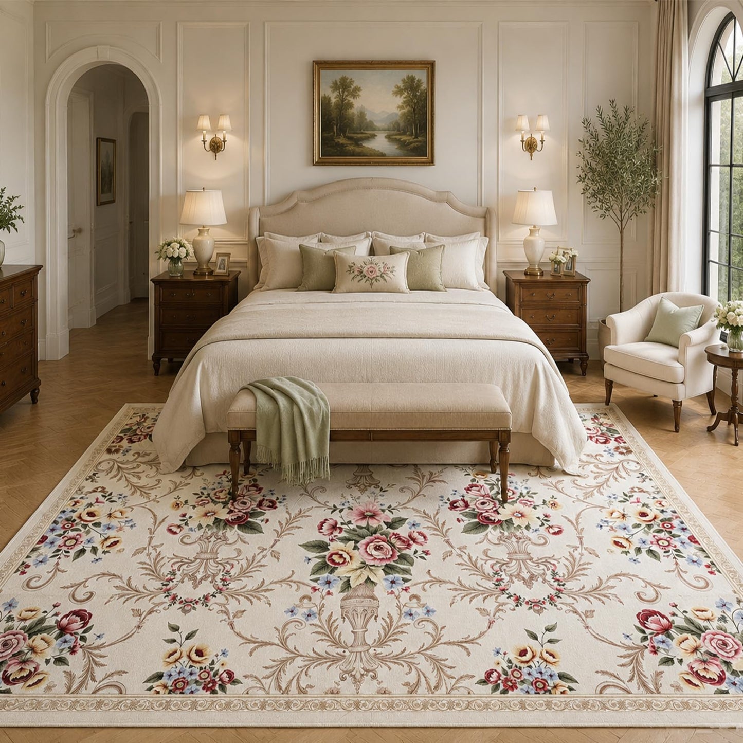 Helthep Washable Vintage Floral Area Rug 8x10, Ultra Soft Faux Wool Low Pile Rug, Non-Slip Backing,Soft Farmhouse Boho Cream Rug for Bedroom Dining Room Home Office, Pet & Kid Friendly