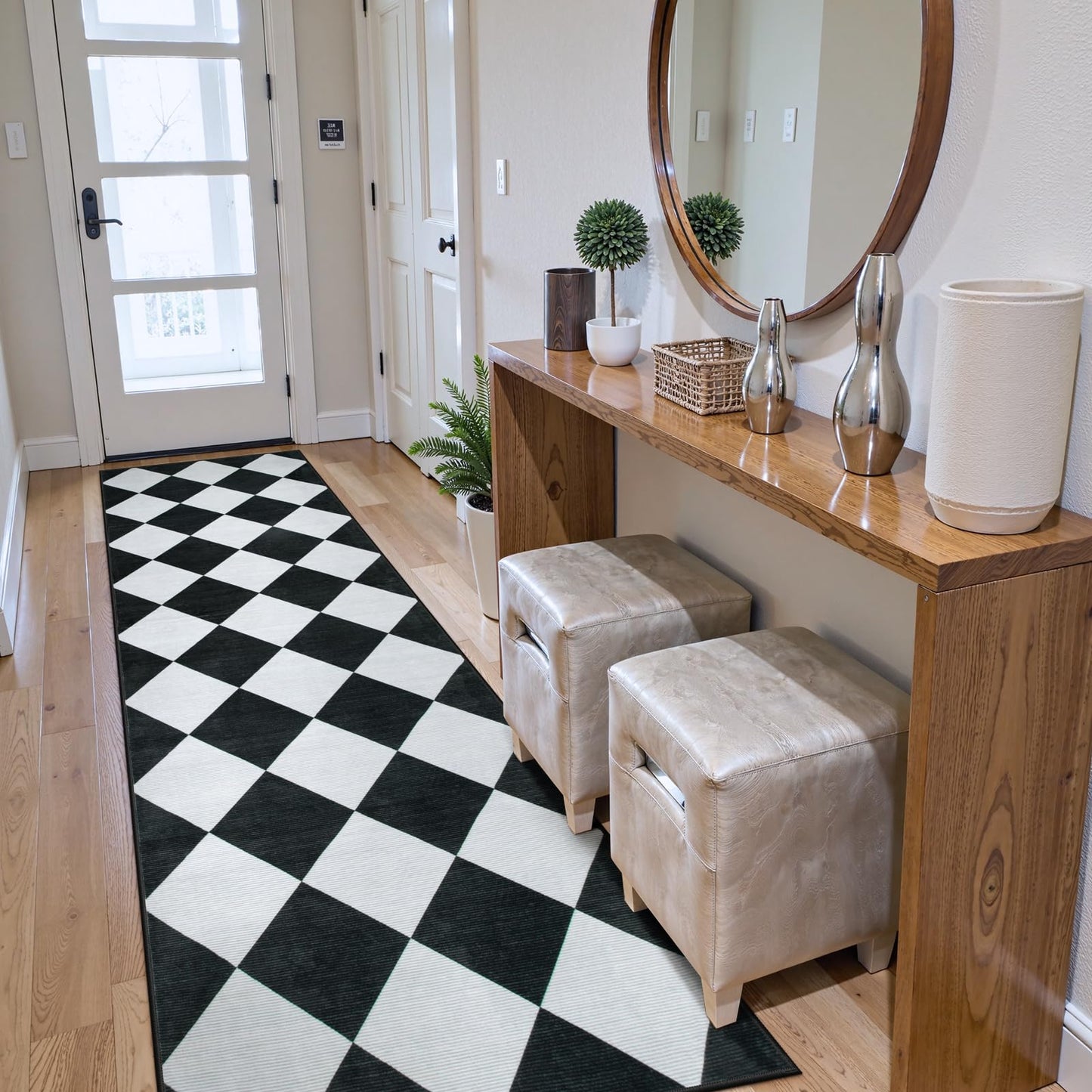 Beeiva Checkered Print Runners for Hallways 2.5x8, Ultra Thin Black Kitchen Runners Non Skid Washable 8 ft, Modern Diamond Stain Resistant Low Pile Carpet for Bathroom Entryway Bedroom Laundry