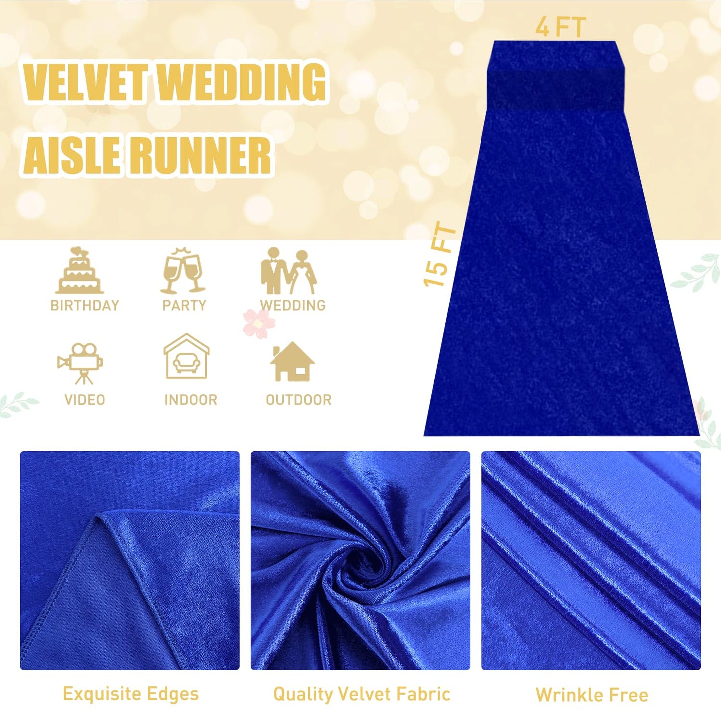 FUHSY Royal Blue Velvet Aisle Runner - 4x15FT Luxury Wedding Carpet for Indoor/Outdoor Ceremony & Party
