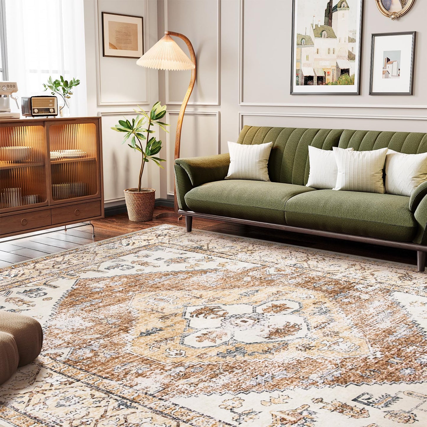 Lahome Rug for Living Room Machine Washable Area Rug 6x9 Boho Non Slip Bedroom Carpet Throw Ultra Thin Carpet for Dining Room, Farmhouse Neutral Print Soft Indoor Mat for Office Adelyn (Taupe, 6'x9')