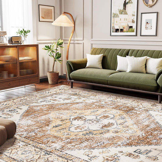Lahome Rug for Living Room Machine Washable Area Rug 6x9 Boho Non Slip Bedroom Carpet Throw Ultra Thin Carpet for Dining Room, Farmhouse Neutral Print Soft Indoor Mat for Office Adelyn (Taupe, 6'x9')