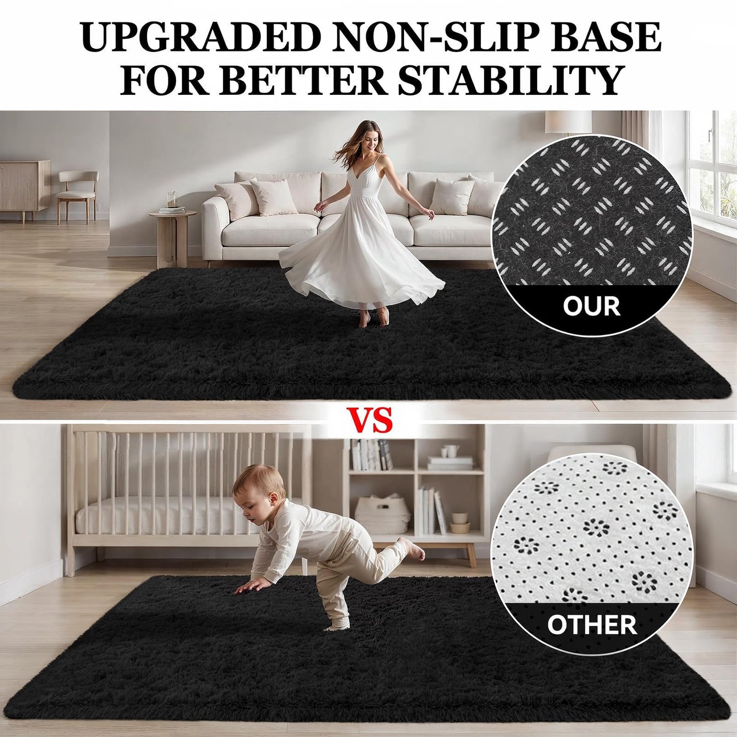 Area Rug for Living Room Bedroom: 5x7 Soft Fluffy Shag Rugs Upgrade Non-Slip High Pile Carpet Large Fuzzy Plush Indoor Floor Shaggy Carpets for Nursery Kid Playroom Office Dorms Home Decor Black