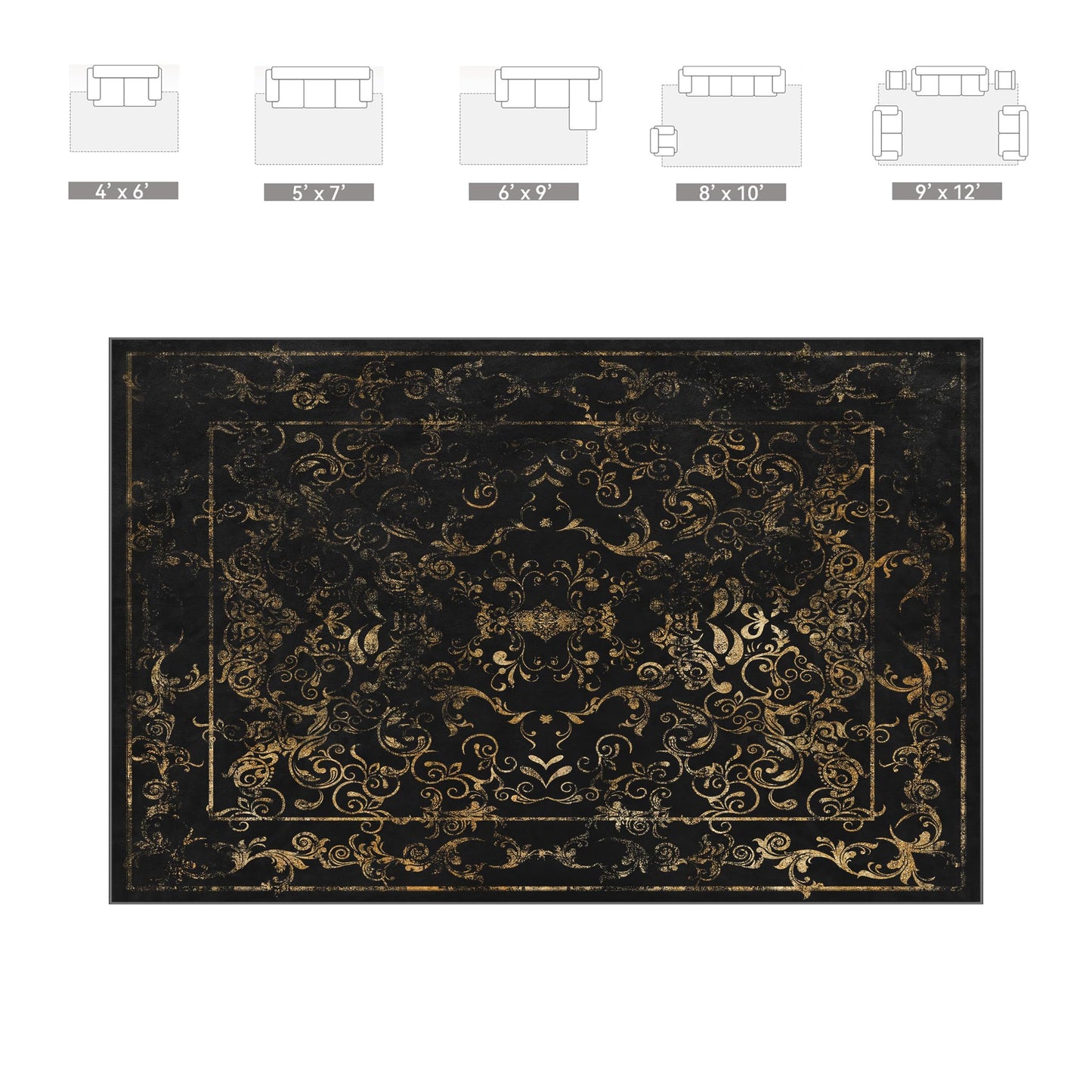 Dark Baroque Gold & Black Area Rug 8x10 - Intricate Filigree Carpet with Symmetrical Scrolls & Ornate Borders, Luxurious Machine Washable Non-Slip Rug for Living Room, Bedroom.