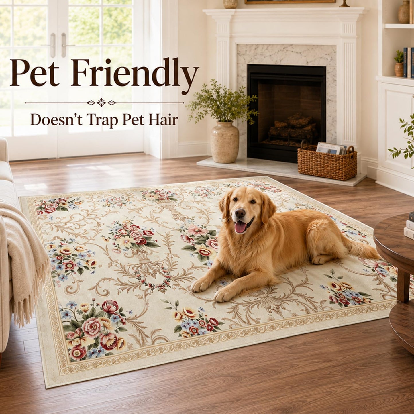 Helthep Washable Vintage Floral Area Rug 8x10, Ultra Soft Faux Wool Low Pile Rug, Non-Slip Backing,Soft Farmhouse Boho Cream Rug for Bedroom Dining Room Home Office, Pet & Kid Friendly
